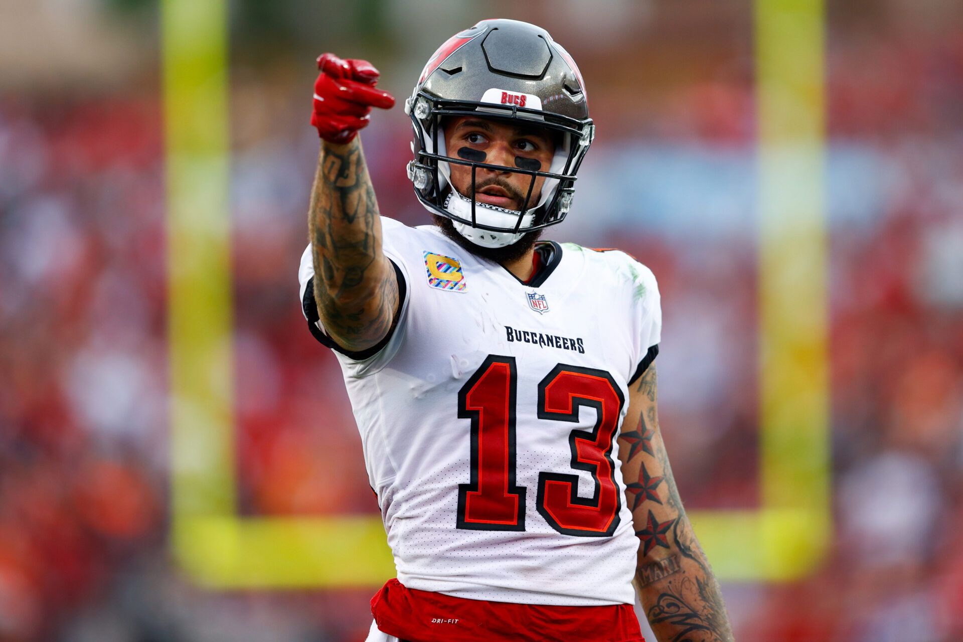 Tampa Bay Buccaneers wide receiver Mike Evans (13) reacts after catching a pass in the first half against the Chicago Bears at Raymond James Stadium.