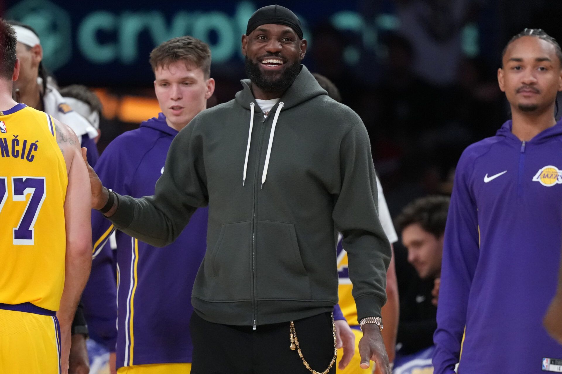 Los Angeles Lakers forward LeBron James watches from the bench against the Indiana Pacers at Crypto.com Arena.