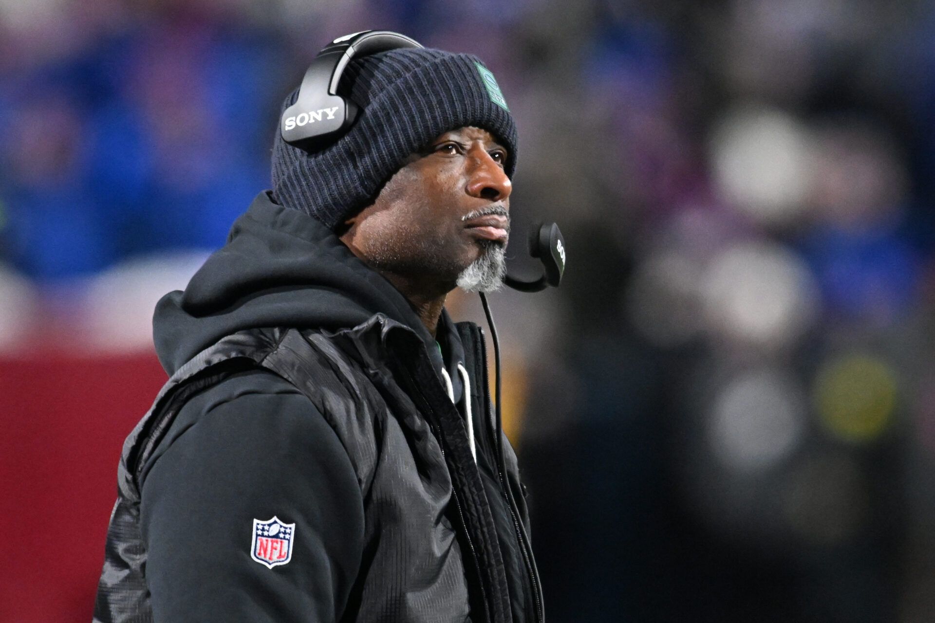 New York Jets head coach Aaron Glenn looks on during the second half against the Buffalo Bills at Highmark Stadium.