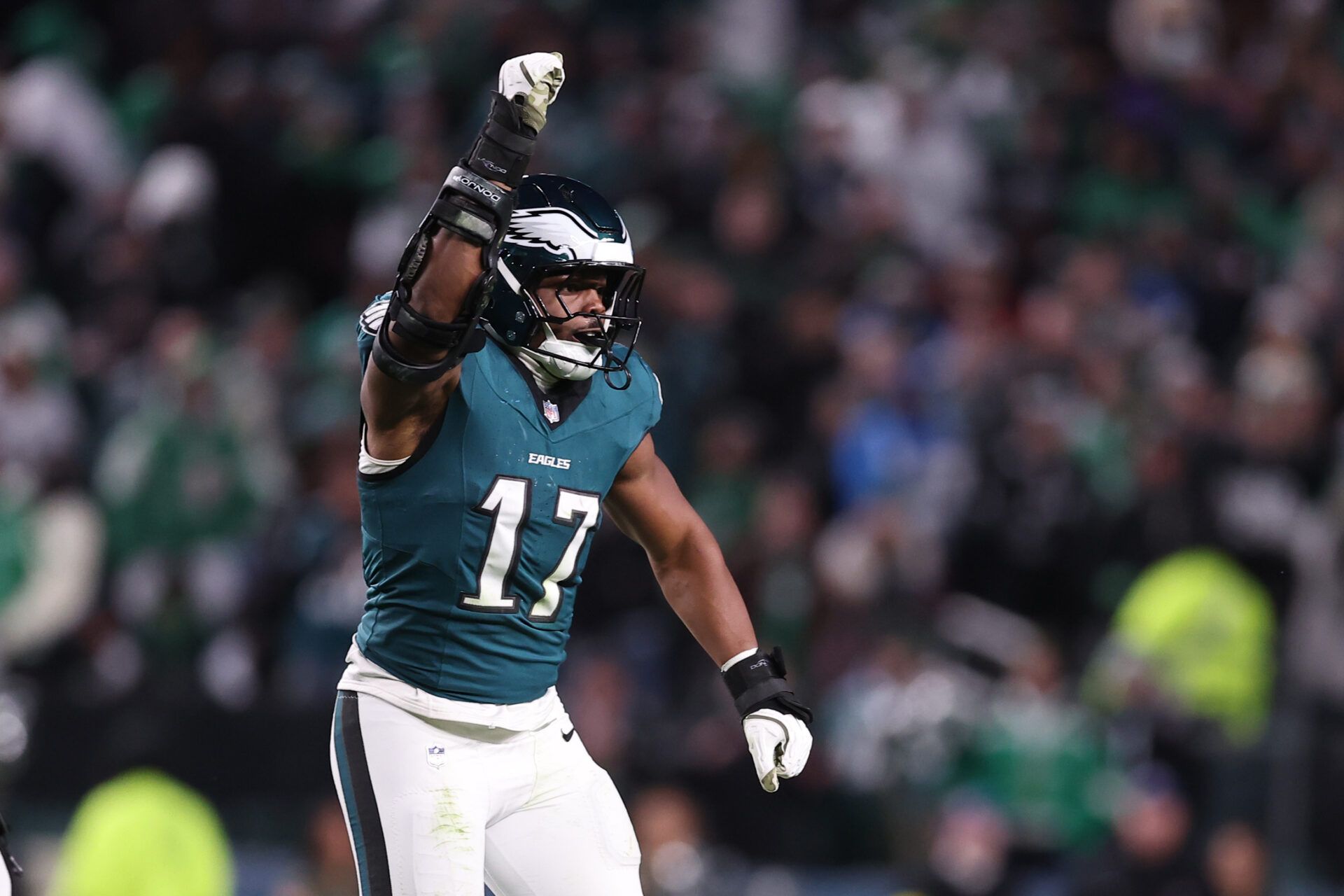 Philadelphia Eagles linebacker Nakobe Dean (17) reacts against the Detroit Lions during the second half at Lincoln Financial Field.
