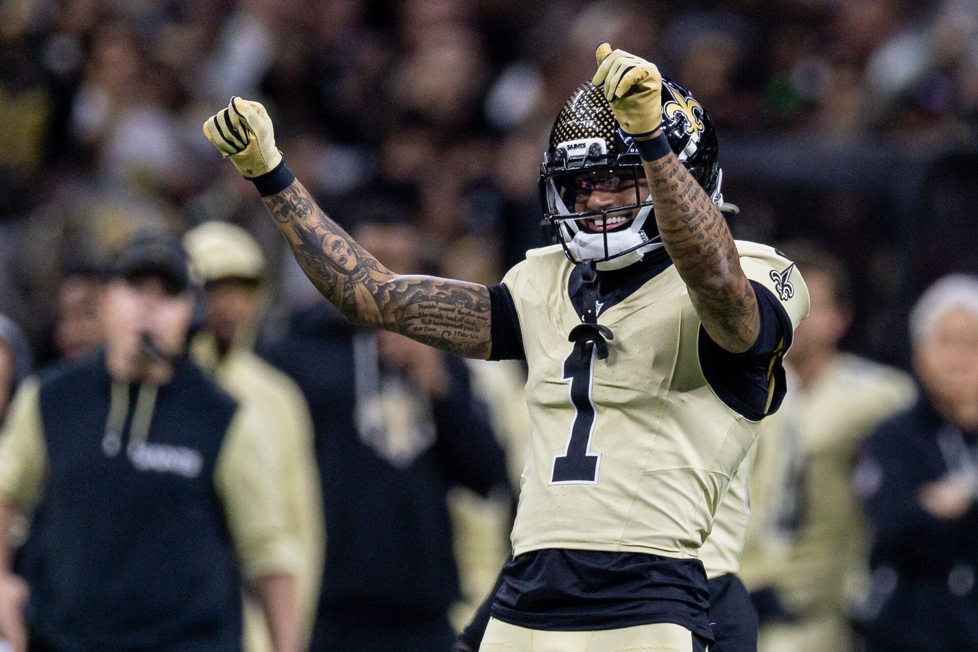 New Orleans Saints cornerback Alontae Taylor (1) reacts to making a tackle against New York Jets quarterback Brady Cook (not pictured) during the first half  at Caesars Superdome.