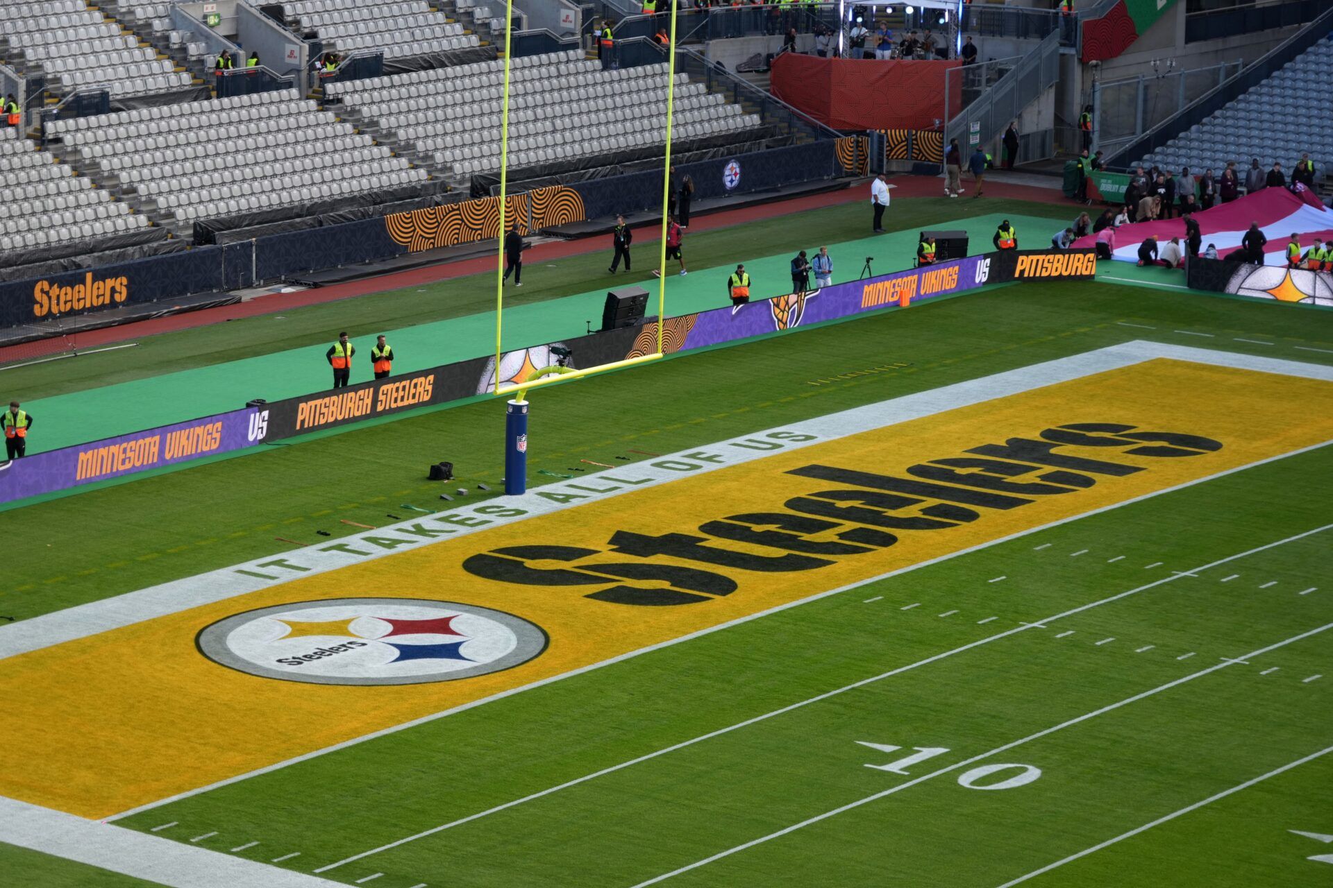 A Pittsburgh Steelers logo in the end zone during an NFL International Series game at Croke Park.
