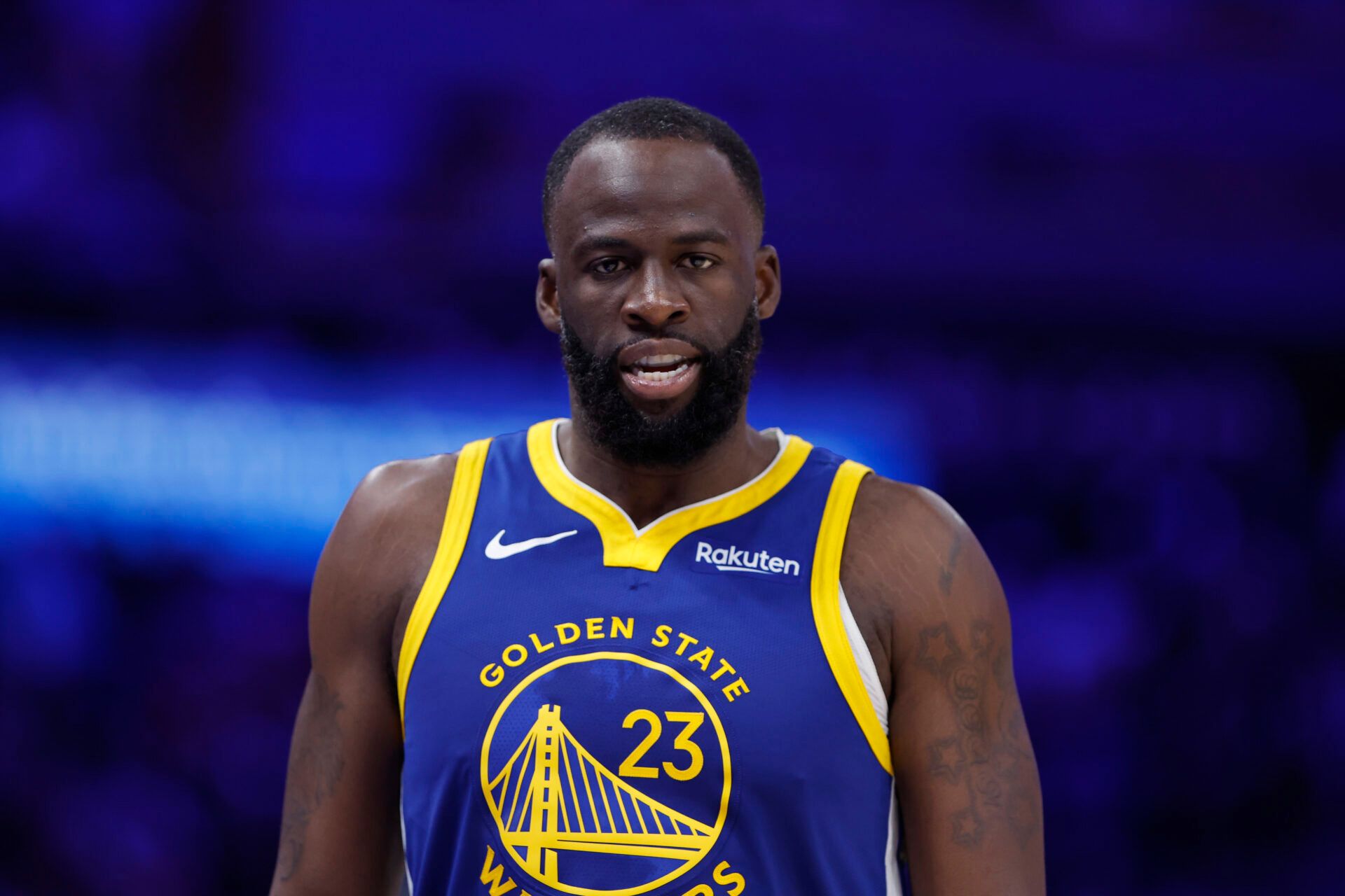 Golden State Warriors forward Draymond Green (23) walks down the court during a time out against the Oklahoma City Thunder during the second half at Paycom Center.