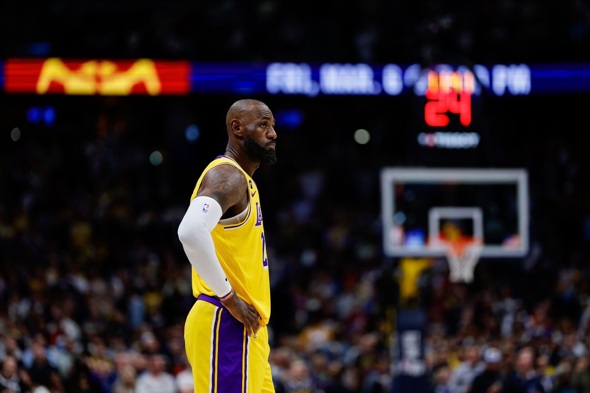 Los Angeles Lakers forward LeBron James (23) in the first quarter against the Denver Nuggets at Ball Arena.