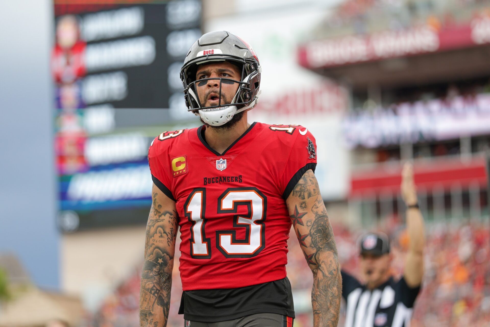 Tampa Bay Buccaneers wide receiver Mike Evans (13) celebrates after catching a pass for a two point conversion against the Carolina Panthers in the second quarter at Raymond James Stadium.
