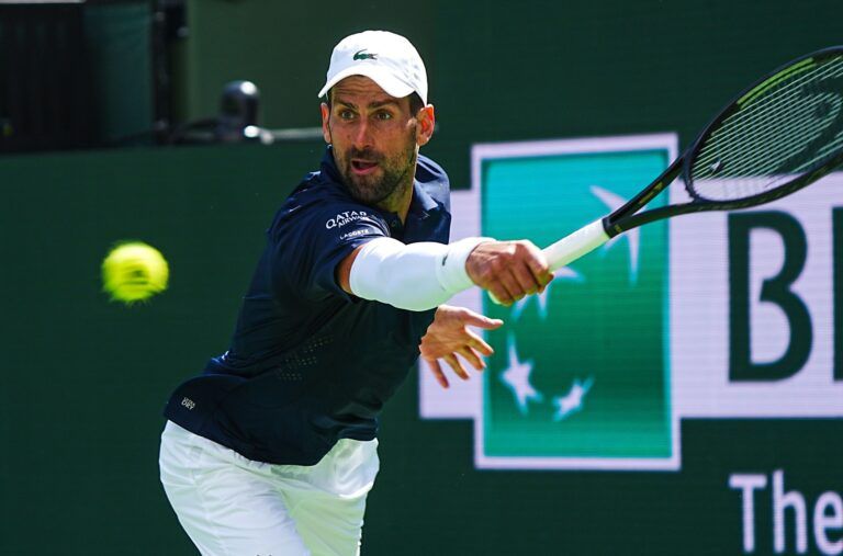 Novak Djokovic reaches for a return against Aleksandar Kovacevic on Monday at the BNP Paribas Open in Indian Wells on March 9, 2026.