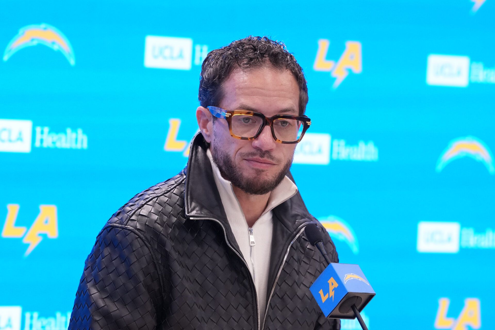 Los Angeles Chargers offensive coordinator Mike McDaniel speaks at introductory press conference at The Bolt.