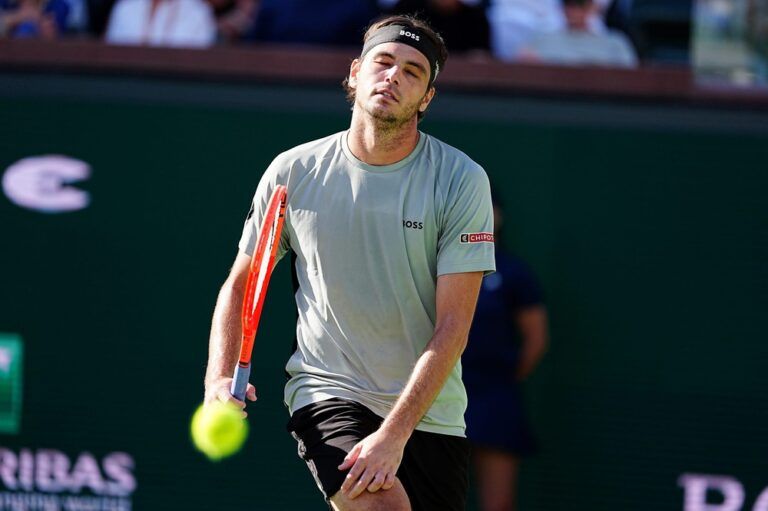 Taylor Fritz reacts during his BNP Paribas Open round of 16 loss to Alex Michelsen on Stadium 2 at the Indian Wells Tennis Garden in Indian Wells, Calif., on Monday, March 9, 2026.
