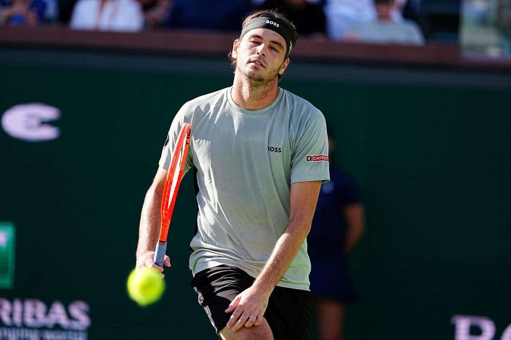 Taylor Fritz reacts during his BNP Paribas Open round of 16 loss to Alex Michelsen on Stadium 2 at the Indian Wells Tennis Garden in Indian Wells, Calif., on Monday, March 9, 2026.