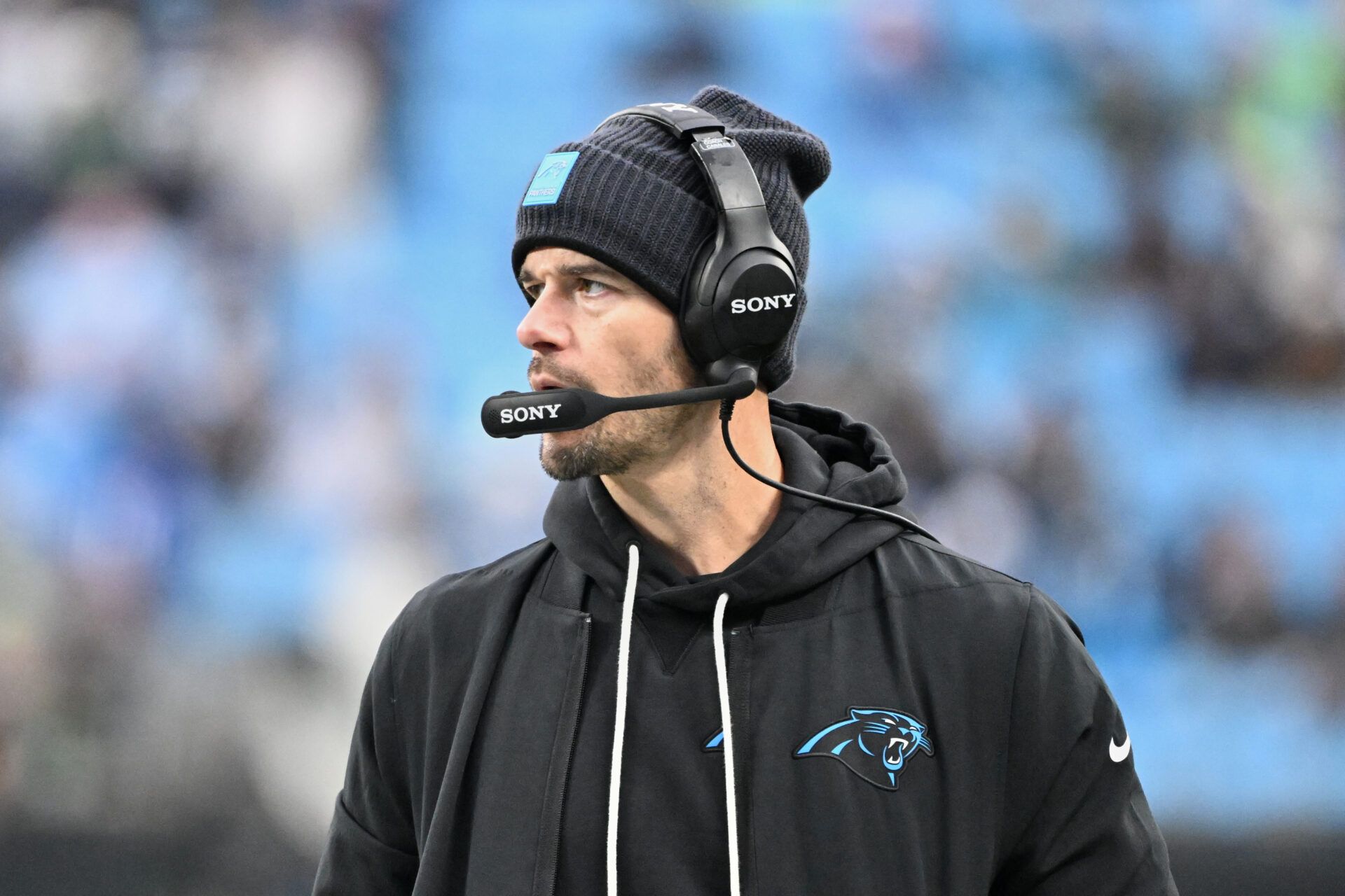 Carolina Panthers head coach Dave Canales looks on against the Seattle Seahawks during the fourth quarter at Bank of America Stadium.