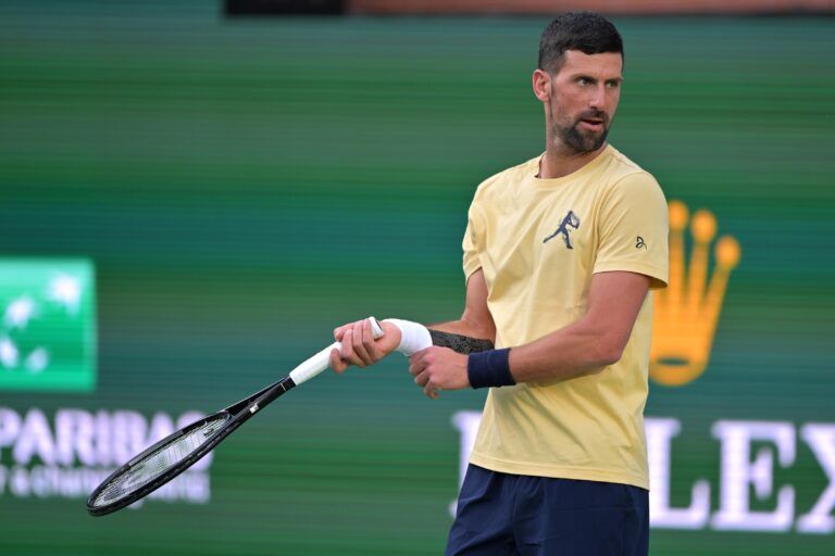 Novak Djokovic (SRB) during a practice session for the BNP Paribas Open at the Indian Wells Tennis Garden.