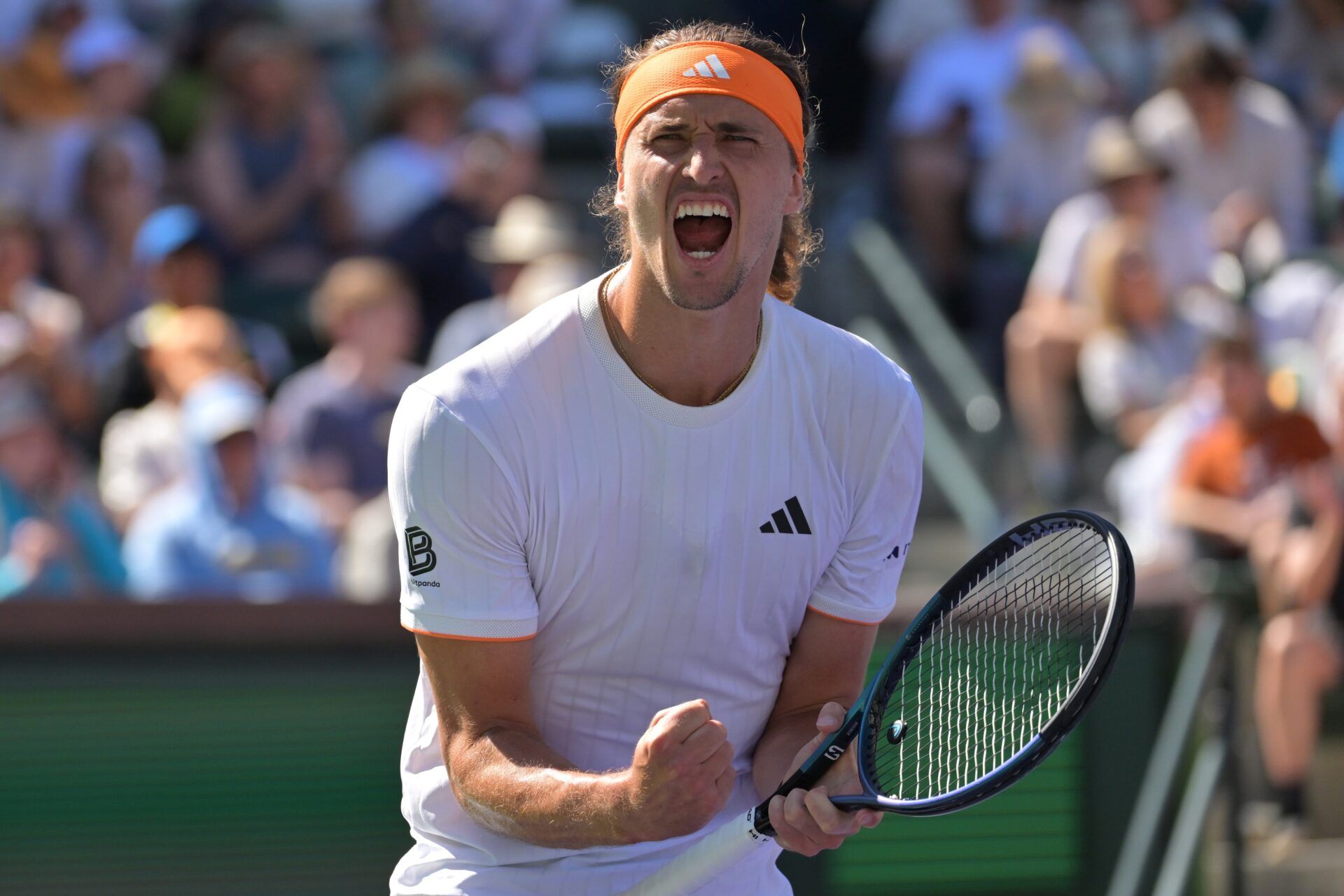 Alexander Zverev (GER) reacts to a point as he defeated Brandon Nakashima (USA) in the third round of the BNP Paribas Open at the Indian Wells Tennis Garden.