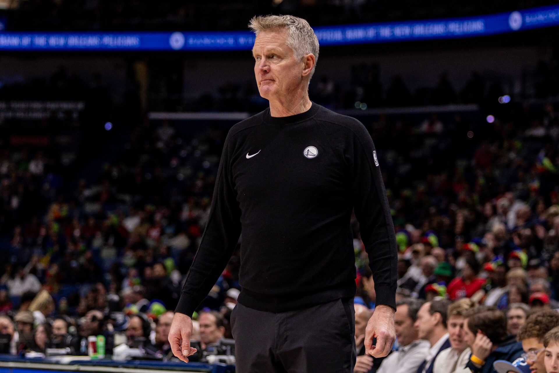 Golden State Warriors Head Coach Steve Kerr looks on against the New Orleans Pelicans during the first half at Smoothie King Center.