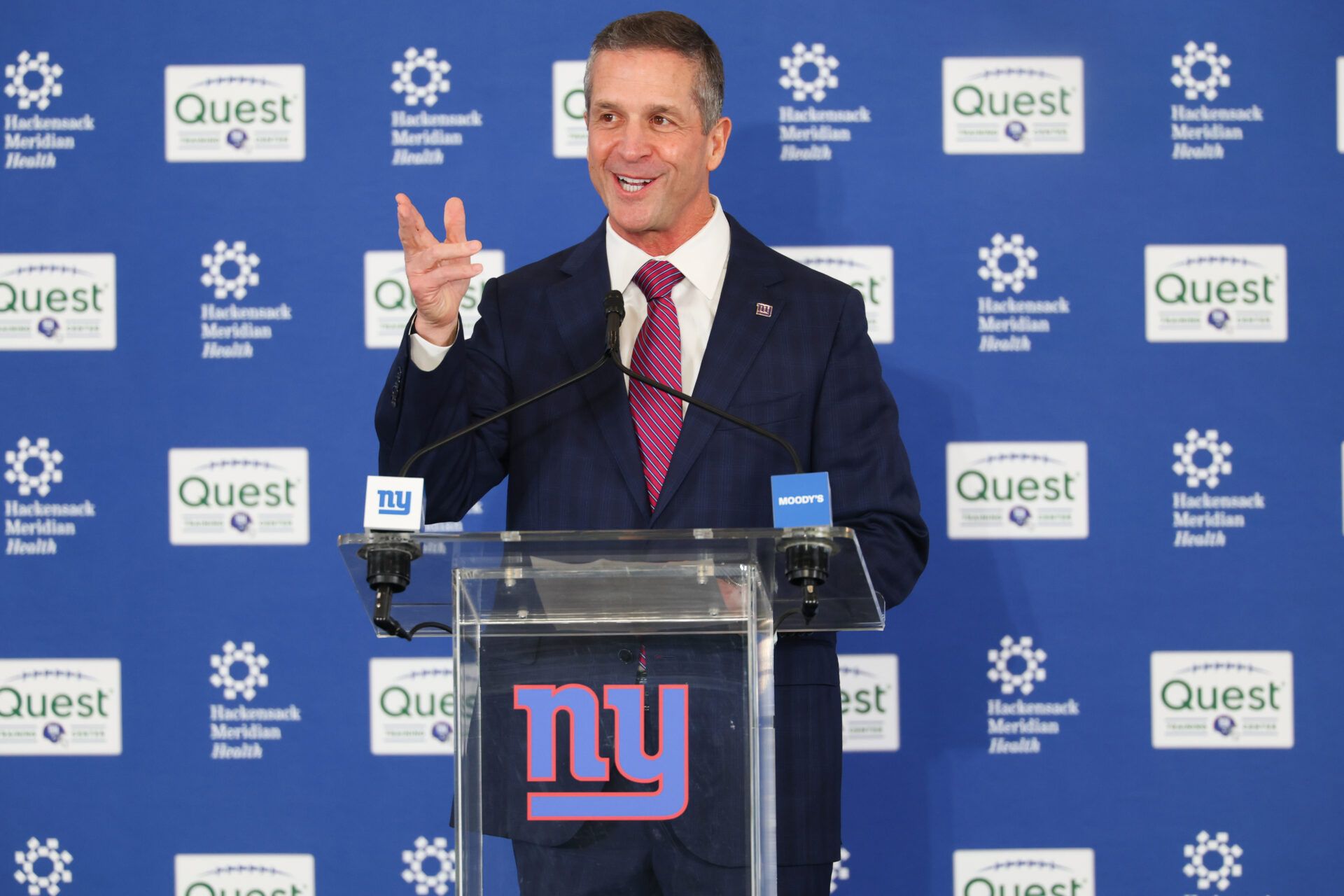 New York Giants head coach John Harbaugh speaks at the press conference announcing his hiring at Quest Diagnostics Training Center.