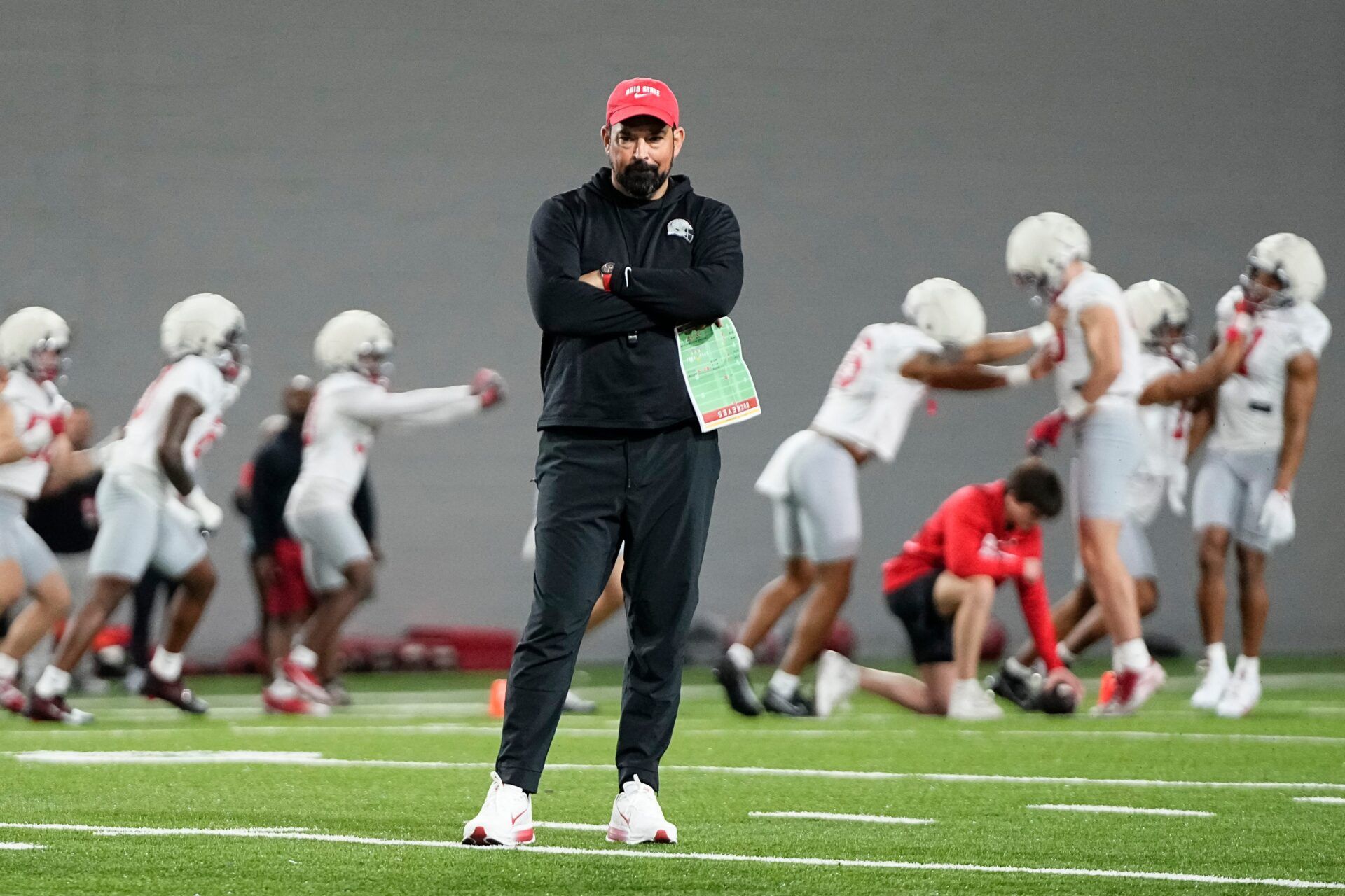Ohio State Buckeyes head coach Ryan Day watches during the first day of spring workouts for the 2026 football season at Woody Hayes Athletic Complex in Columbus on March 10, 2026.