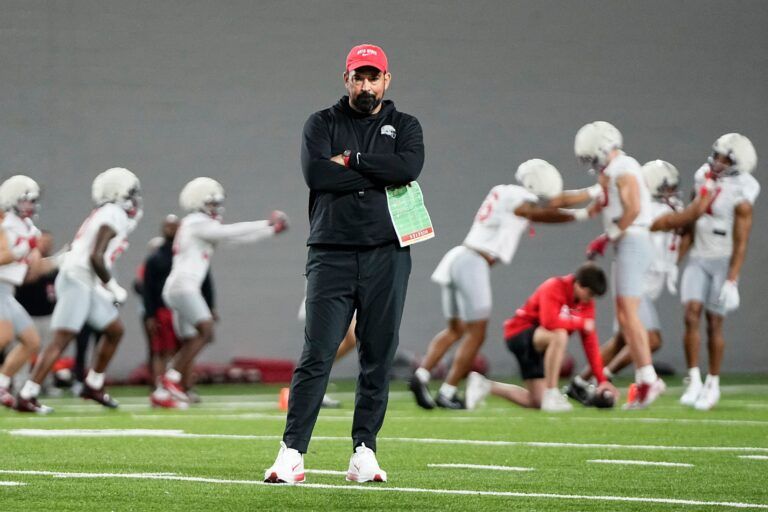 Ohio State Buckeyes head coach Ryan Day watches during the first day of spring workouts for the 2026 football season at Woody Hayes Athletic Complex in Columbus on March 10, 2026.