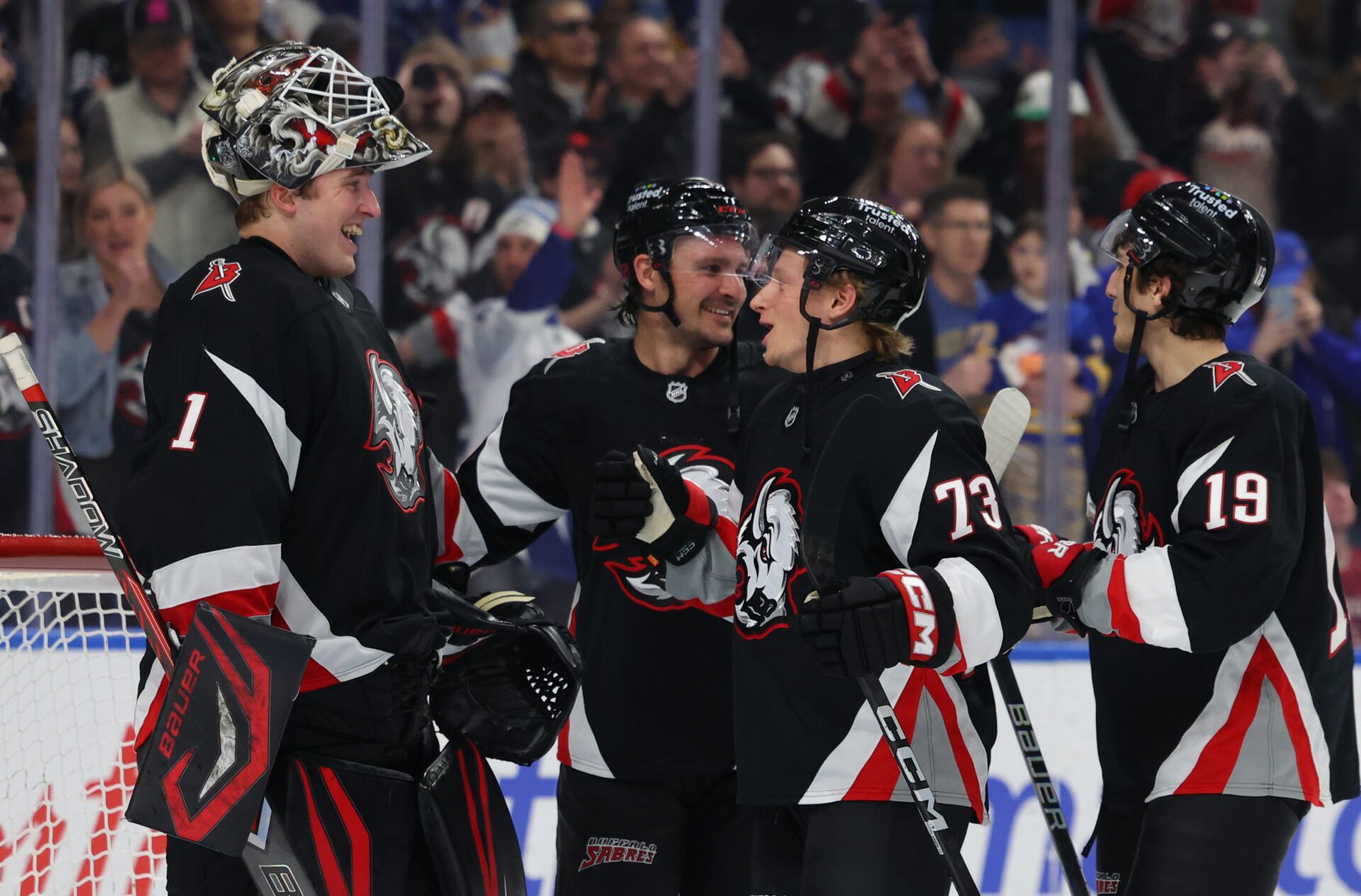 The Buffalo Sabres celebrate a win over the Tampa Bay Lightning at KeyBank Center.