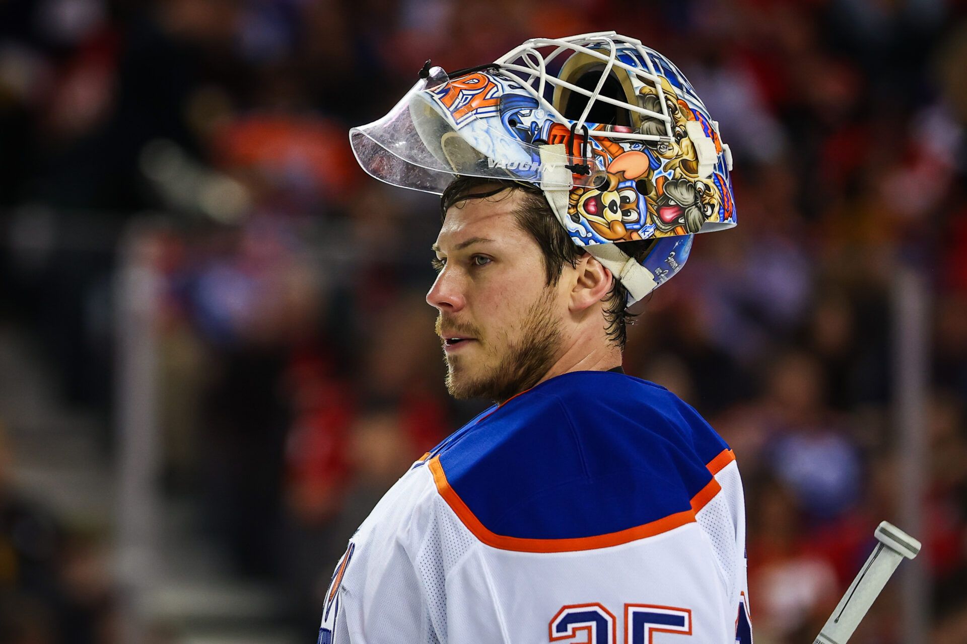 Edmonton Oilers goaltender Tristan Jarry (35) against the Calgary Flames during the second period at Scotiabank Saddledome.