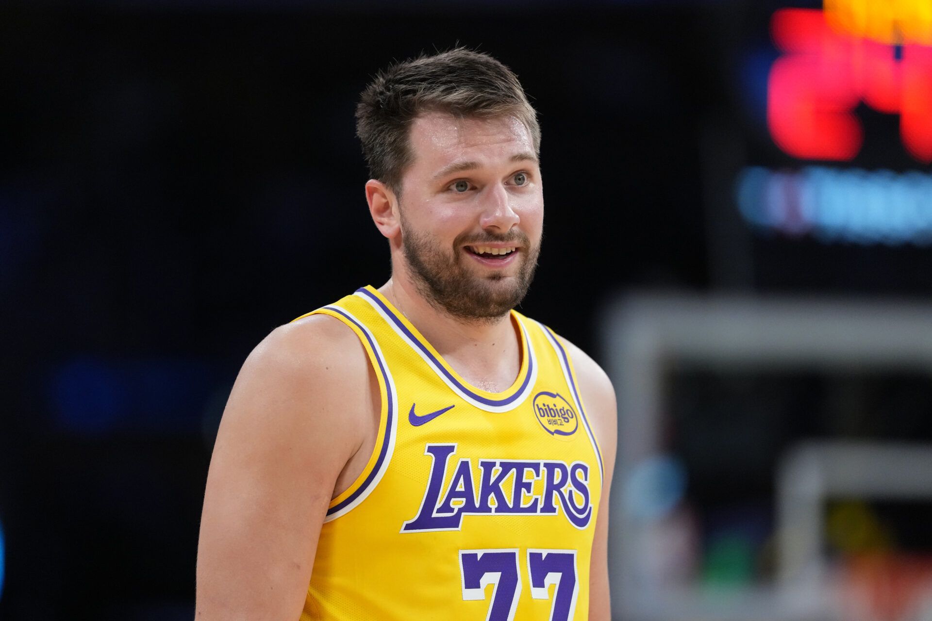 Los Angeles Lakers guard Luka Doncic (77) reacts against the Indiana Pacers in the second half at Crypto.com Arena.