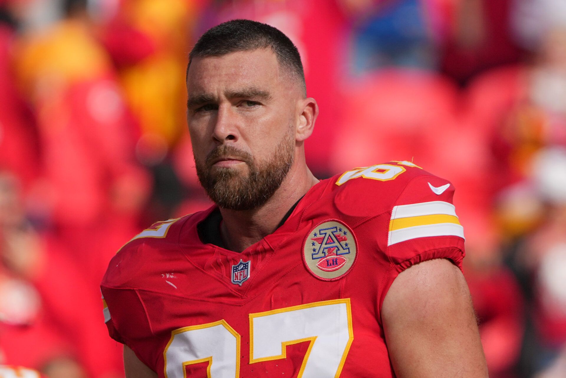 Kansas City Chiefs tight end Travis Kelce (87) looks on before the game against the Indianapolis Colts at GEHA Field at Arrowhead Stadium.
