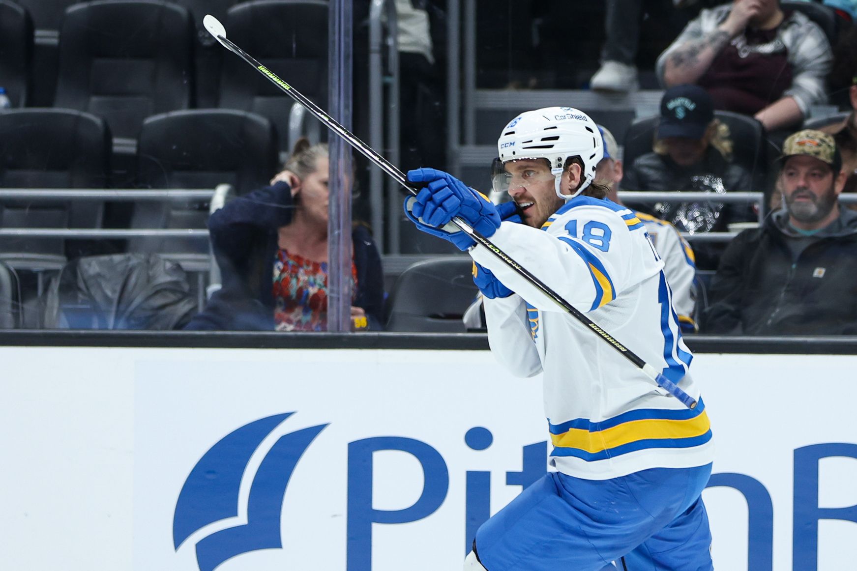 St. Louis Blues center Robert Thomas (18) reacts after scoring a goal in the third period against the Seattle Kraken at Climate Pledge Arena.