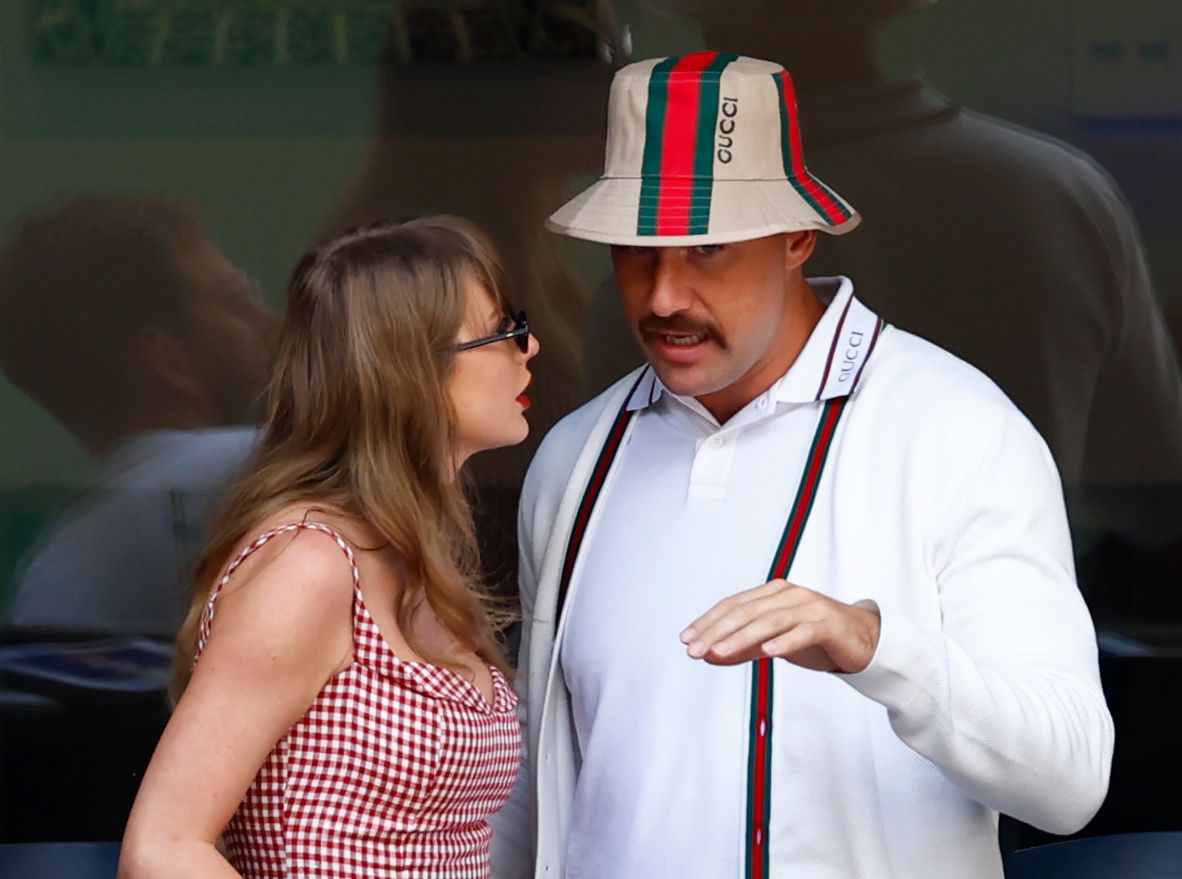 Recording artist Taylor Swift and Kansas City Chiefs tight end Travis Kelce look on in the men’s singles final of the 2024 U.S. Open tennis tournament at USTA Billie Jean King National Tennis Center at Louis Armstrong Stadium.