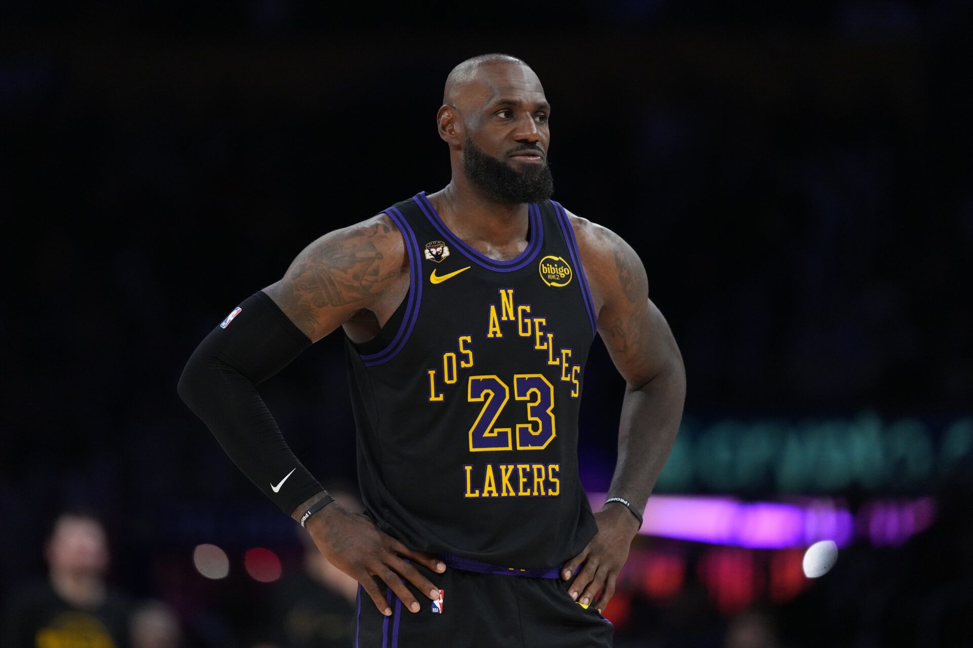 Los Angeles Lakers forward LeBron James (23) reacts against the New Orleans Pelicans in the second half at Crypto.com Arena.