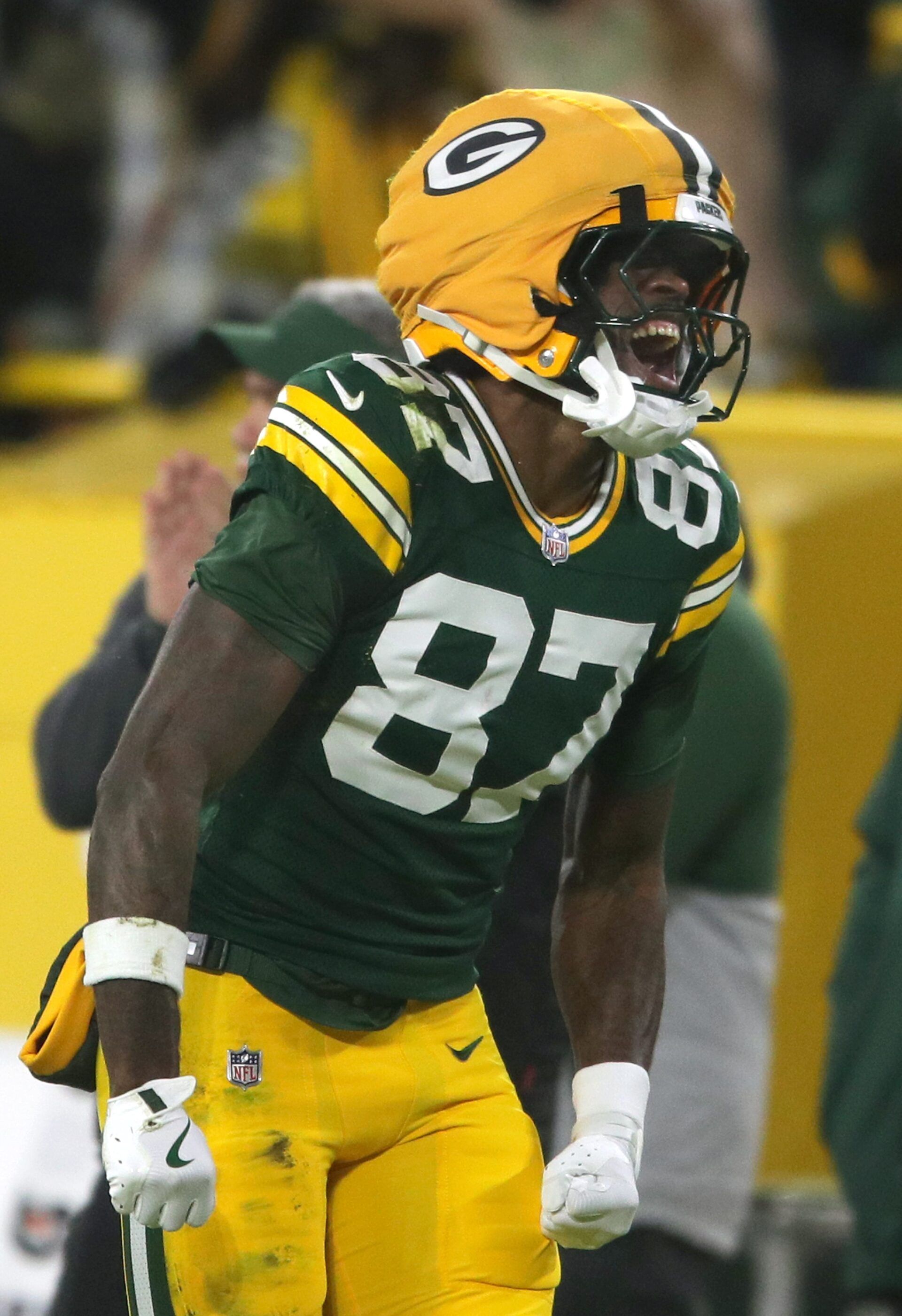 Green Bay Packers wide receiver Romeo Doubs (87) celebrates a first quarter catch against the Baltimore Ravens on Saturday, December 27, 2025, at Lambeau Field in Green Bay, Wis. The Ravens defeated the Packers 41-24.
Wm. Glasheen USA TODAY NETWORK-Wisconsin