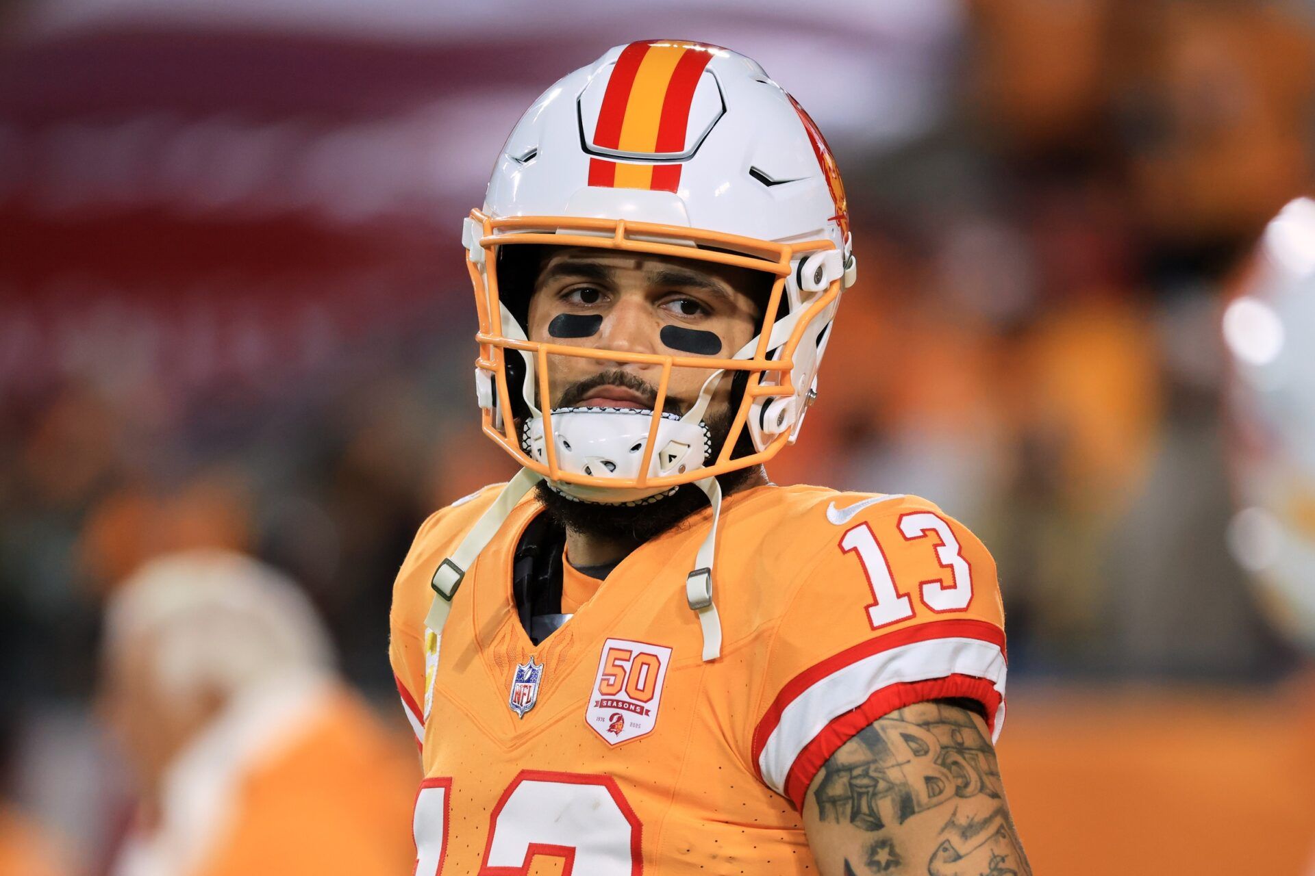 Tampa Bay Buccaneers wide receiver Mike Evans (13) looks on during warmups before the game against the Atlanta Falcons at Raymond James Stadium.