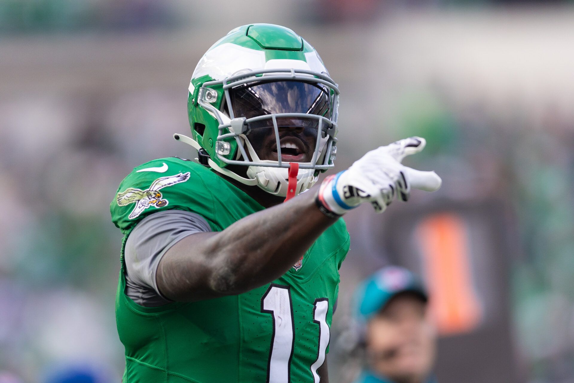 Philadelphia Eagles wide receiver A.J. Brown (11) reacts against the Dallas Cowboys at Lincoln Financial Field.