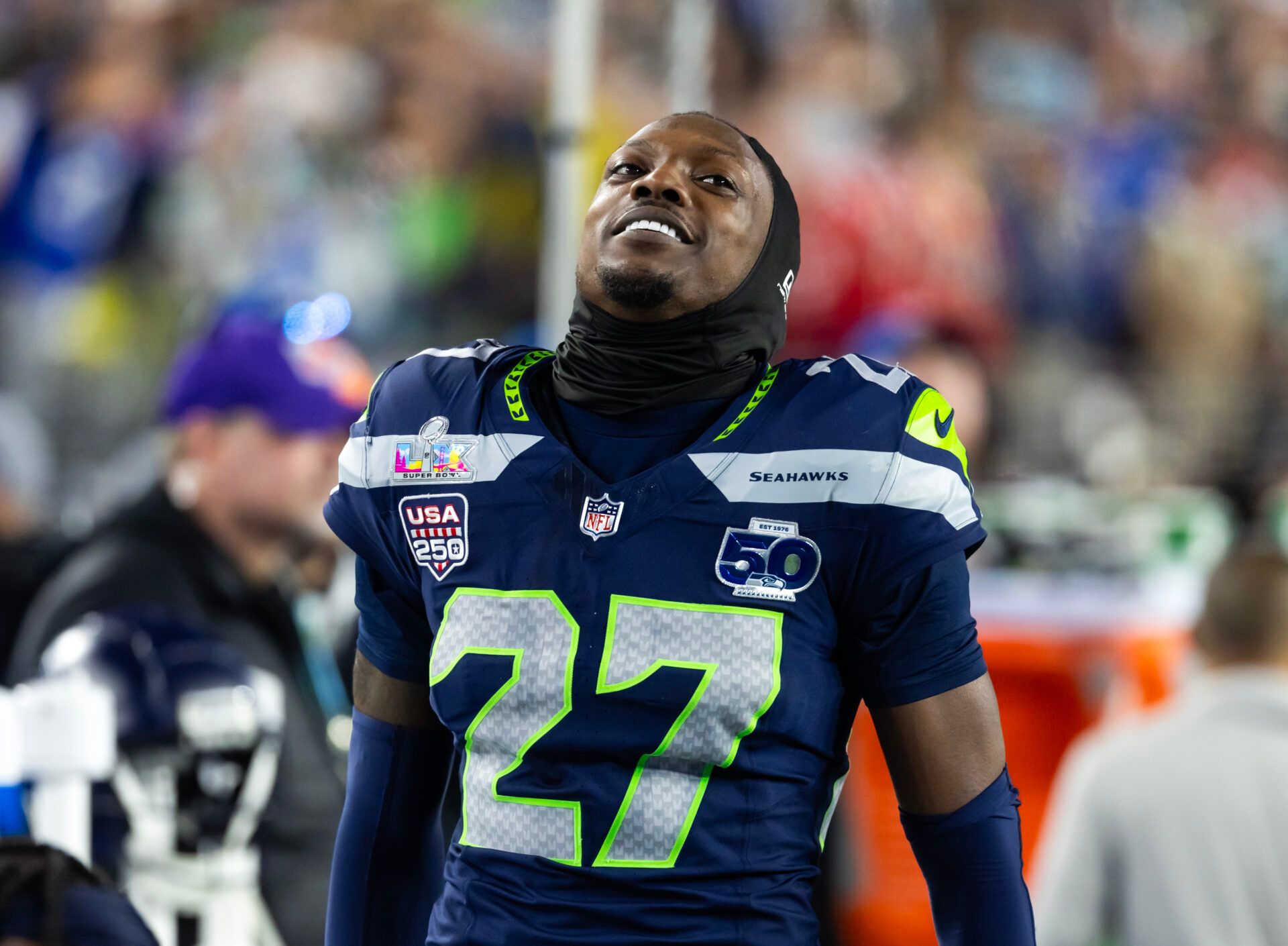 Seattle Seahawks cornerback Riq Woolen (27) against the New England Patriots during Super Bowl LX at Levi's Stadium.