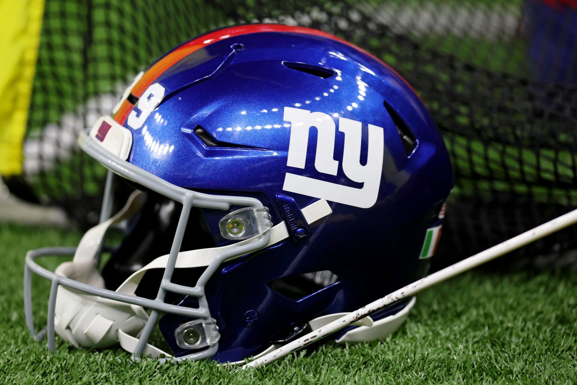 A detail view of a New York Giants helmet on the sideline during the first half at Caesars Superdome.