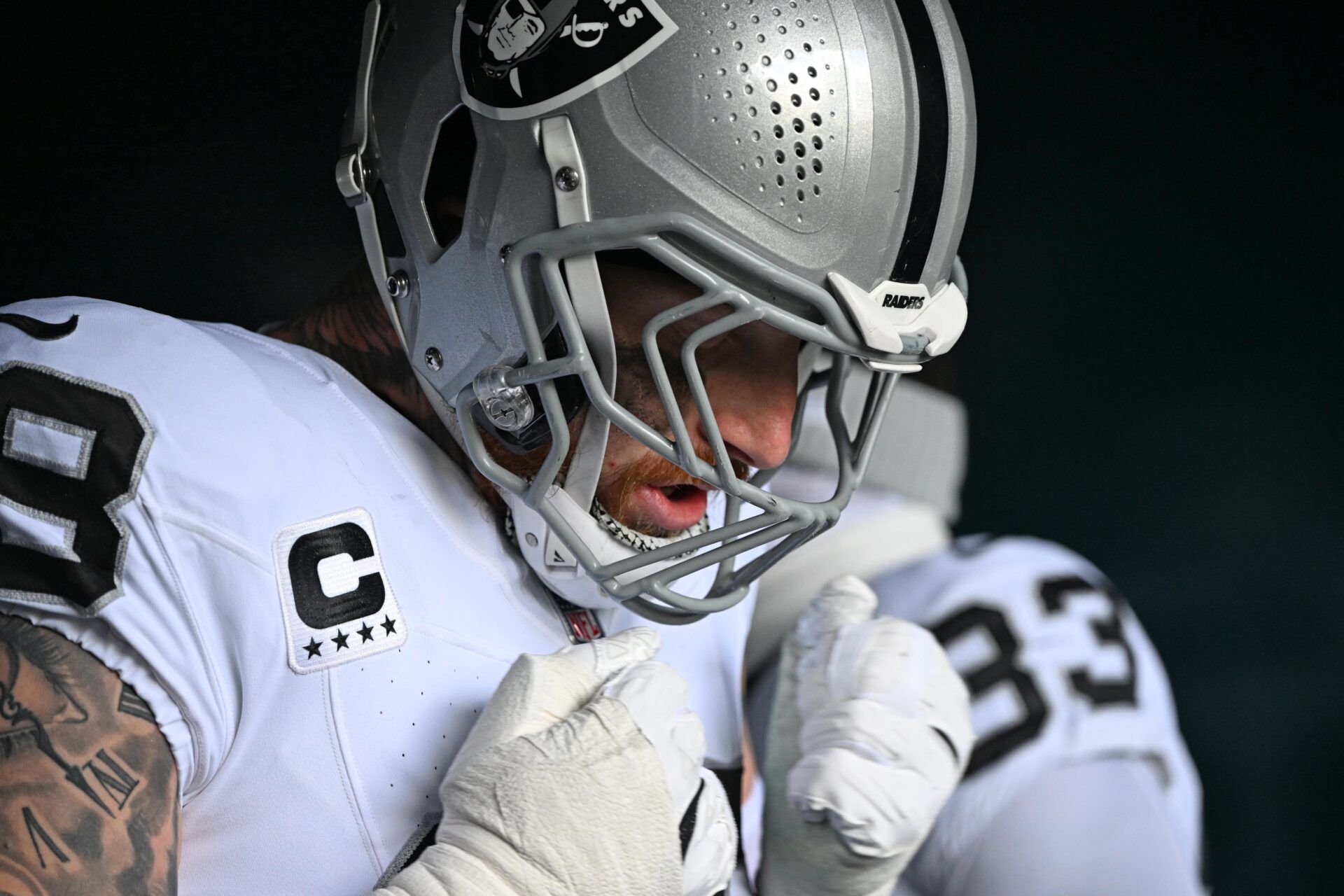 Las Vegas Raiders defensive end Maxx Crosby (98) in the tunnel against the Philadelphia Eagles at Lincoln Financial Field.