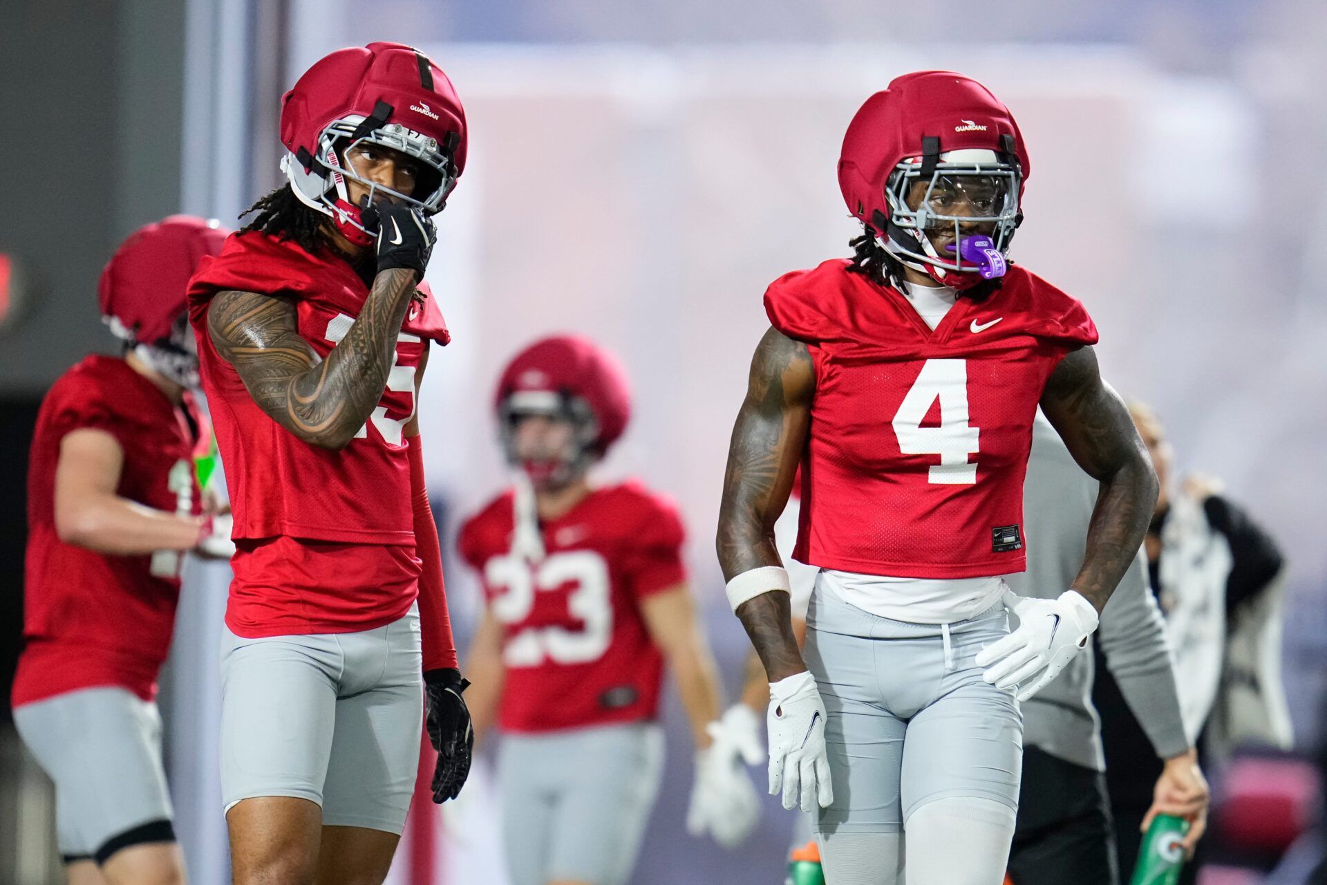 Ohio State Buckeyes wide receiver Chris Henry Jr. (15) stands beside Jeremiah Smith (4) during the first day of spring workouts for the 2026 football season at Woody Hayes Athletic Complex in Columbus on March 10, 2026.