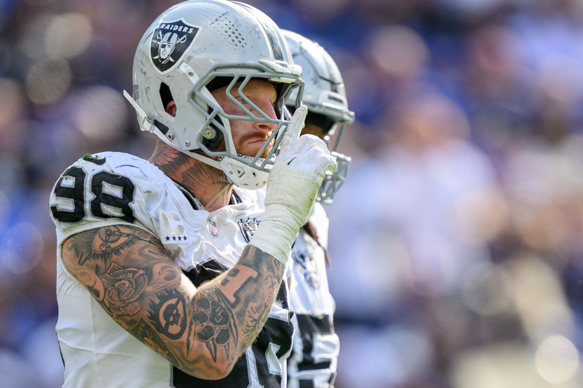 Las Vegas Raiders defensive end Maxx Crosby (98) celebrates after a sack during the second half against the Baltimore Ravens at M&T Bank Stadium.