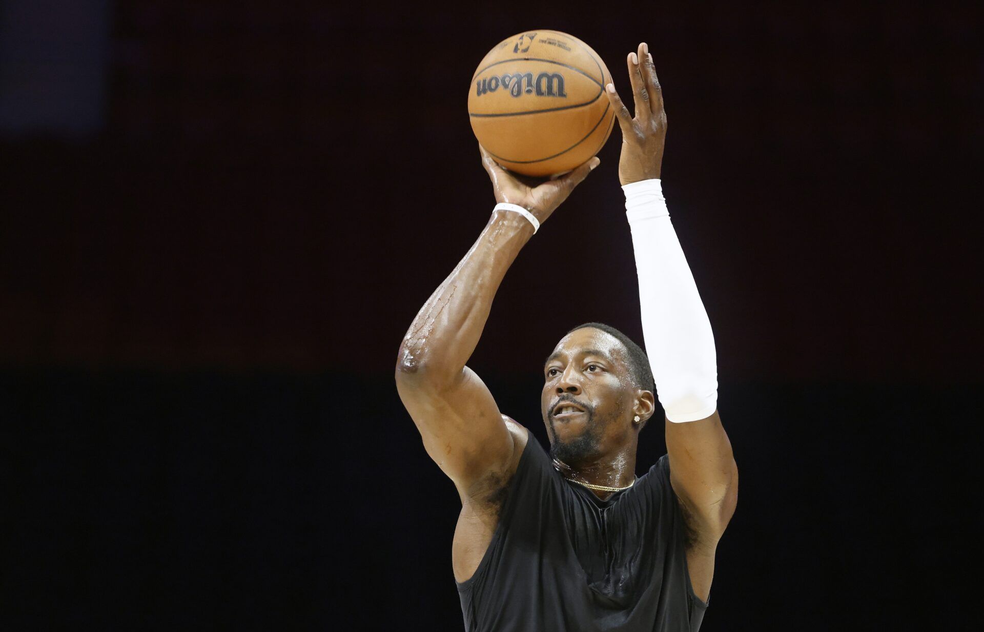 Miami Heat center Bam Adebayo (13) warms up against the Washington Wizards at Kaseya Center.