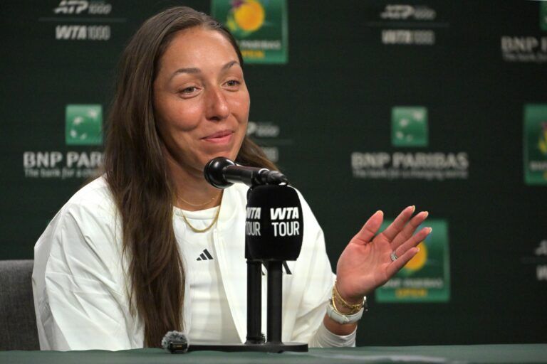 Jessica Pegula (USA) speaks to the media at a news conference during the BNP Paribas Open at the Indian Wells Tennis Garden.