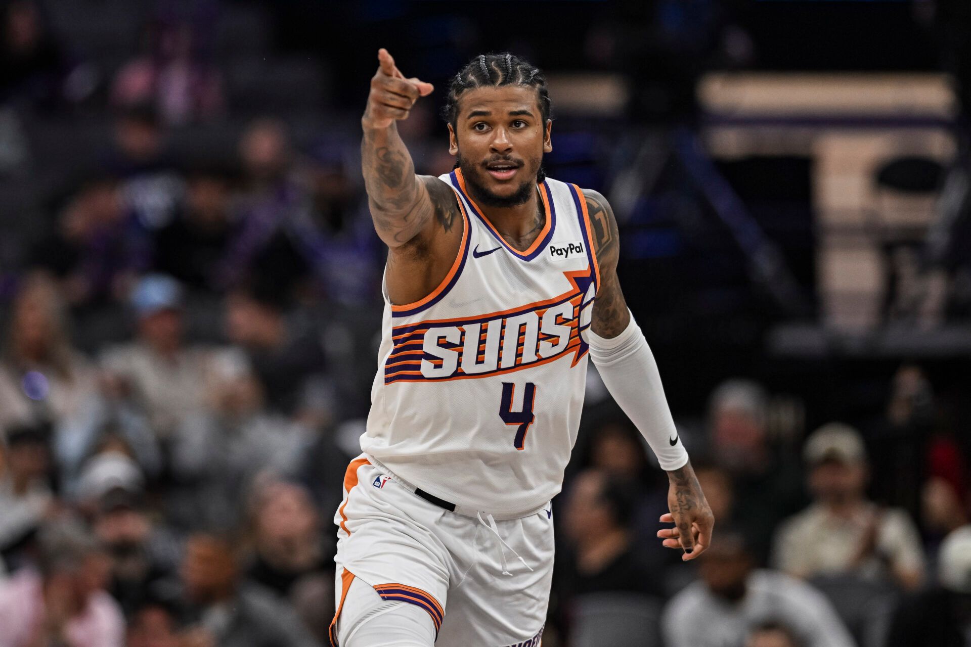 Phoenix Suns guard Jalen Green (4) reacts after a three point basket during the fourth quarter against the Sacramento Kings at Golden 1 Center.