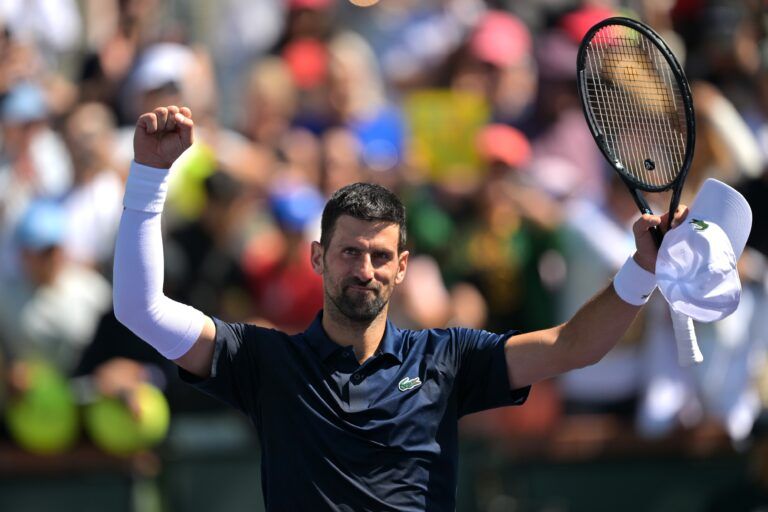 Novak Djokovic (SRB) celebrates after his third round match as he defeated Aleksandar Kovacevic (USA) during the BNP Paribas Open at the Indian Wells Tennis Garden.
