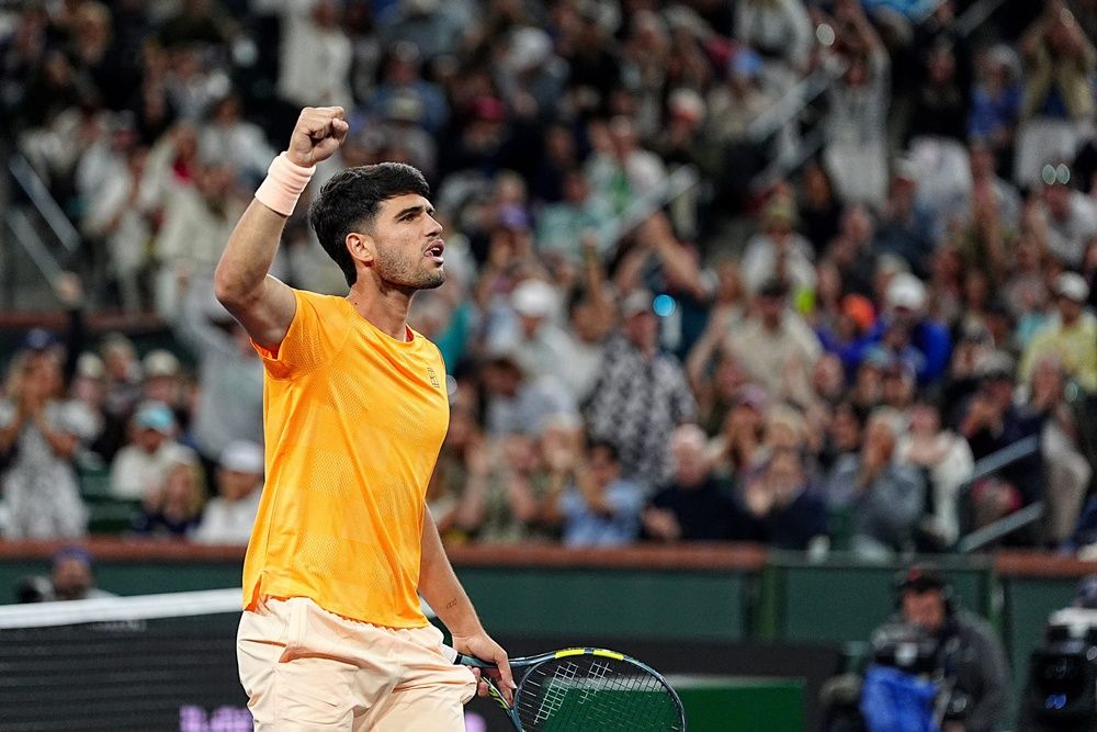 Carlos Alcaraz defeated Arthur Rinderknech 6-7, 6-3, 6-2 in their BNP Paribas Open third-round match on Stadium 1 at the Indian Wells Tennis Garden in Indian Wells, Calif., on Monday, March 9, 2026.