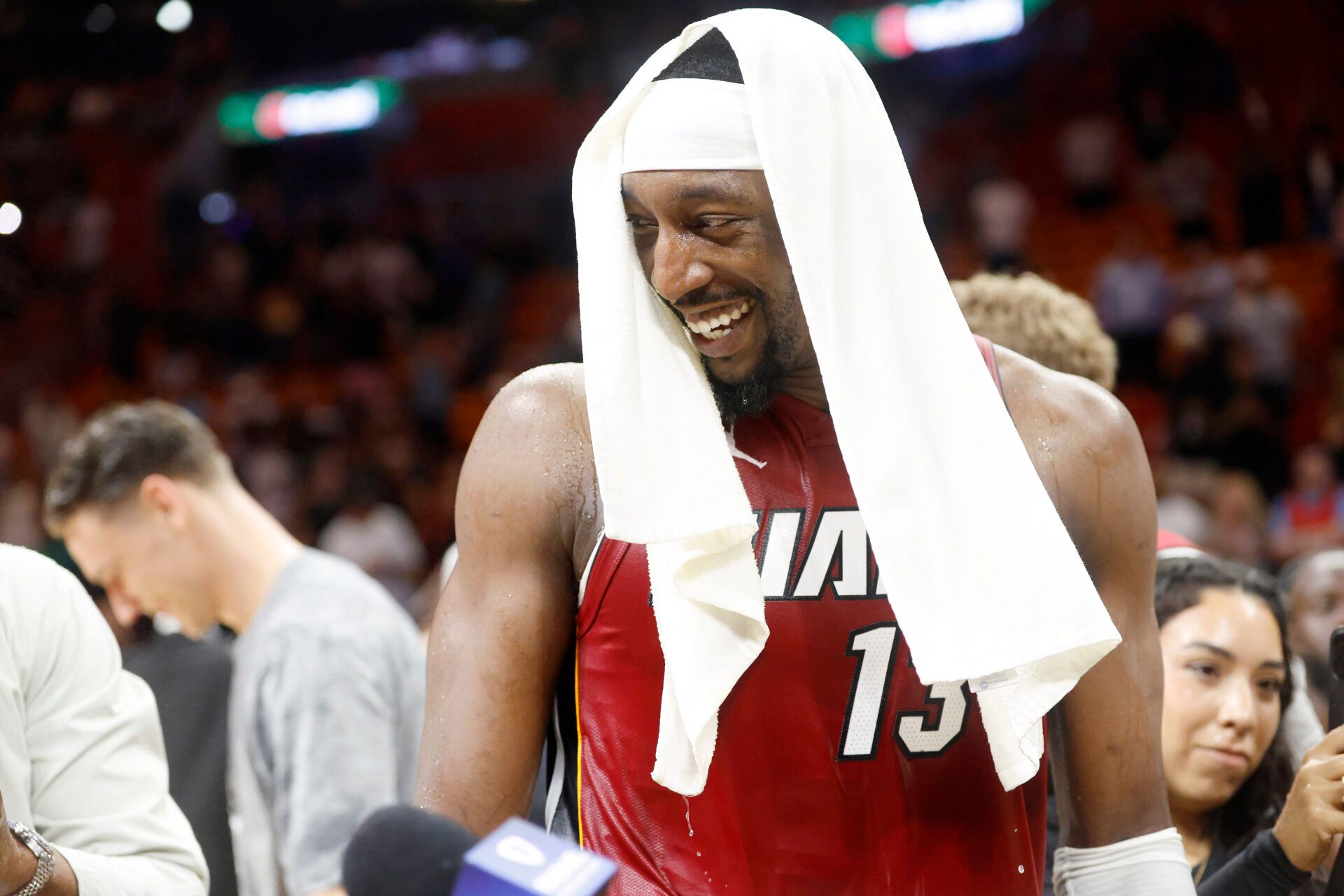 Miami Heat center Bam Adebayo (13) reacts after becoming the NBA's second highest scorer of points in a game with 83 against the Wshington Wizards at Kaseya Center.