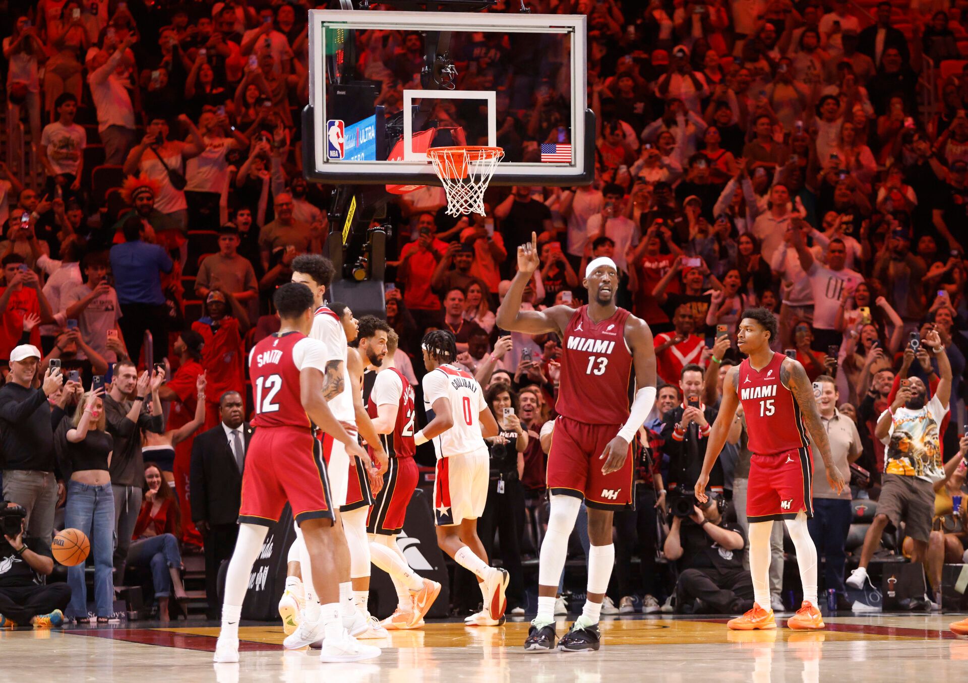 Miami Heat center Bam Adebayo (13) reacts after becoming the NBA's second highest scorer of points in a game against the Wshington Wizards at Kaseya Center.