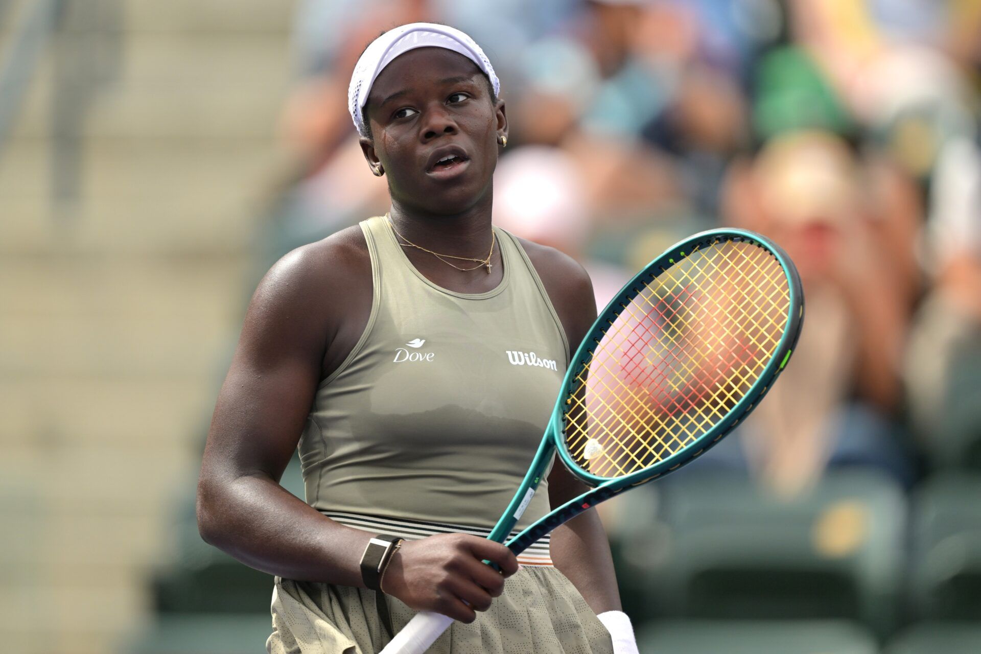 Victoria Mboko (CAN) hits a shot during her second round match against Kimberly Birrell (AUS) in the BNP Paribas Open at the Indian Wells Tennis Garden.