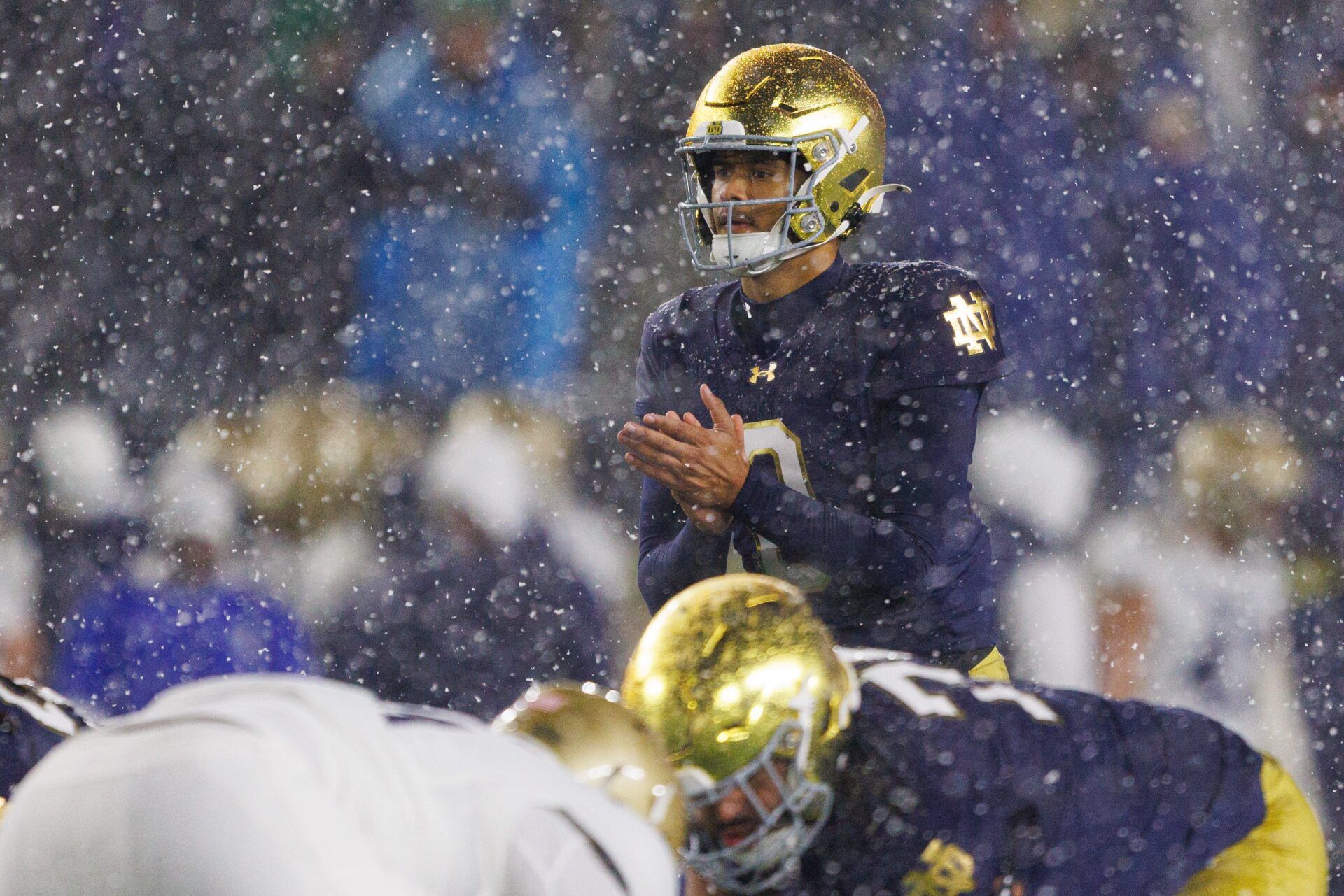 Notre Dame quarterback Kenny Minchey calls the snap during the second half of a NCAA football game against Navy at Notre Dame Stadium on Saturday, Nov. 8, 2025, in South Bend.