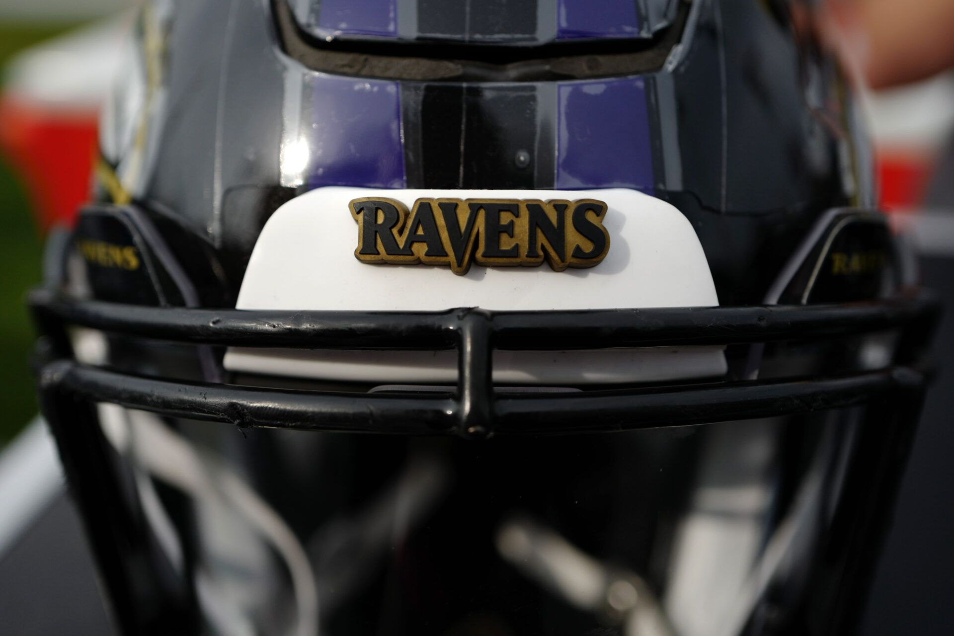 A view of the Ravens logo on a game helmet prior to the game of the Chicago Bears against the Baltimore Ravens at Tom Benson Hall of Fame Stadium.