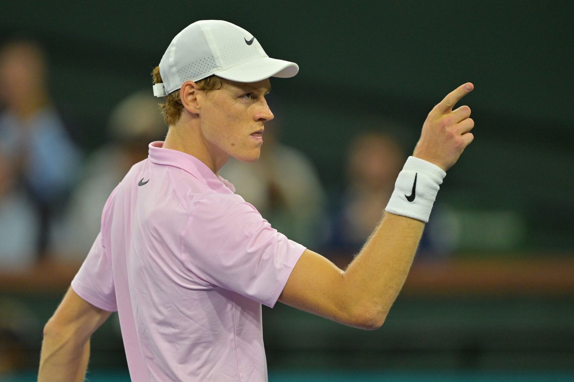 Jannik Sinner (ITA) reacts after defeating Joao Fonseca (BRA) in the fourth round of the BNP Paribas Open at the Indian Wells Tennis Garden.