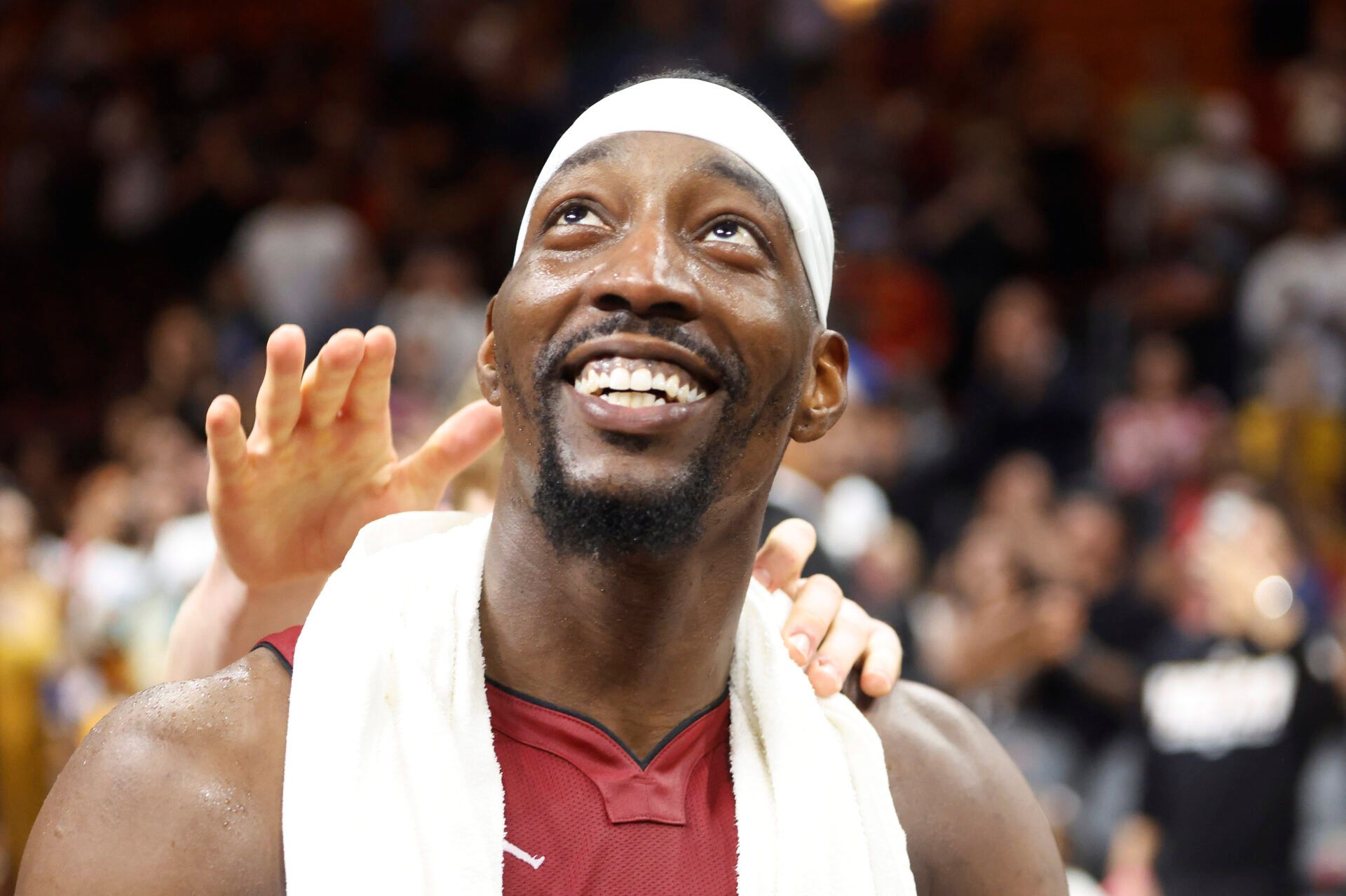 Miami Heat center Bam Adebayo (13) reacts after becoming the NBA's second highest scorer of points in a game against the Wshington Wizards at Kaseya Center. Adebayo scored 83 points.