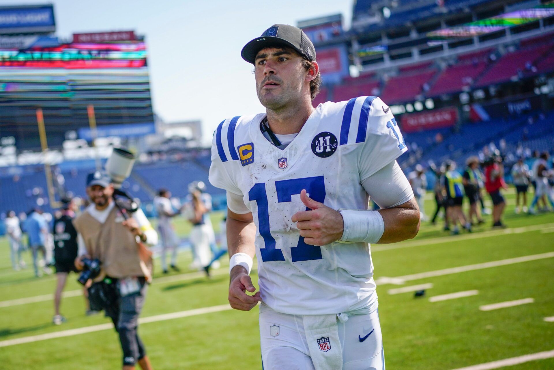 Indianapolis Colts quarterback Daniel Jones (17) leaves the field after the game against the Tennessee Titans at Nissan Stadium in Nashville, Tenn., Sunday, Sept. 21, 2025.