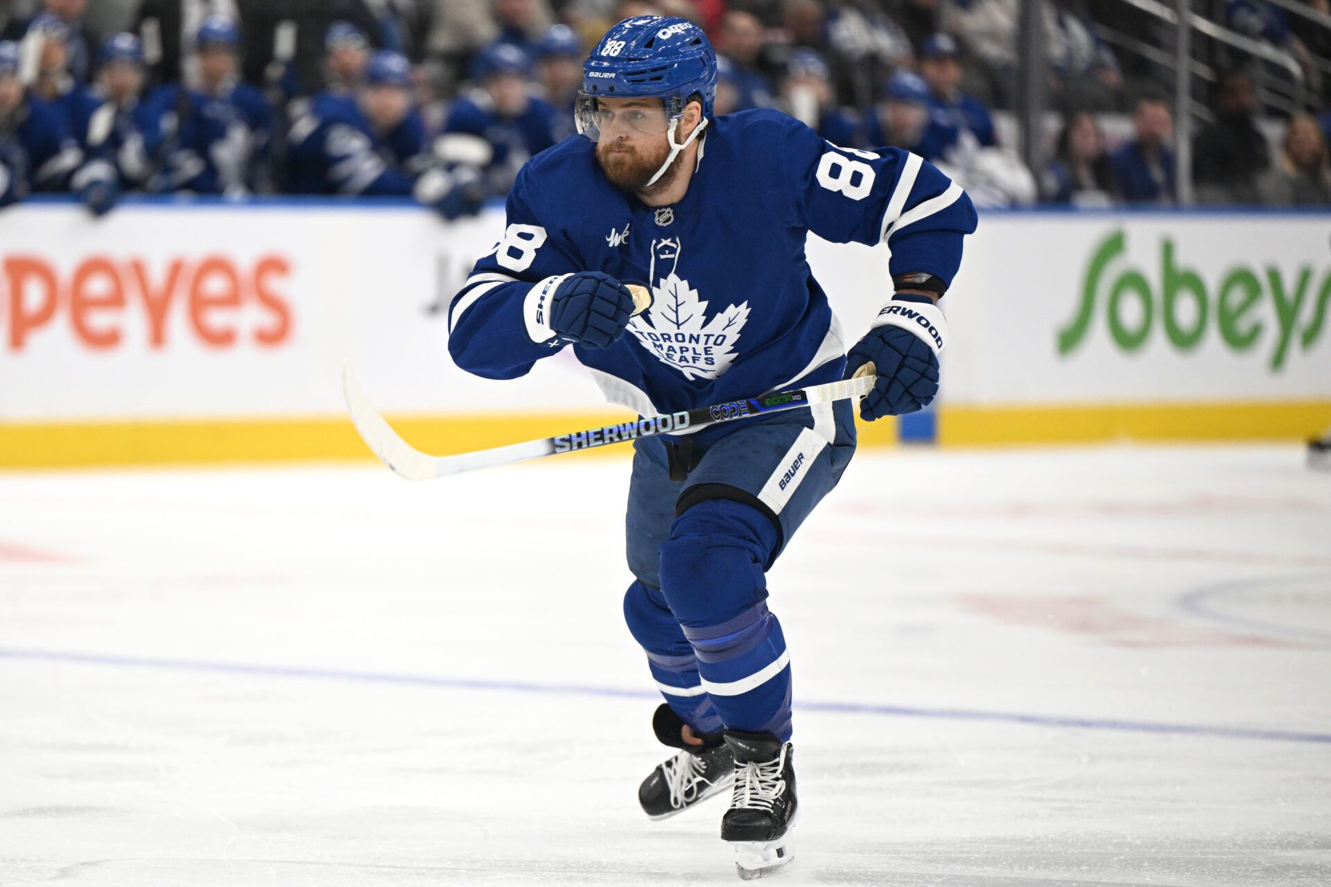 Toronto Maple Leafs forward William Nylander (88) pursues the play against the Tampa Bay Lightning in the first period at Scotiabank Arena.