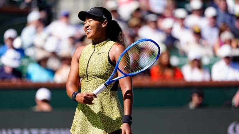 Naomi Osaka reacts during her BNP Paribas Open fourth-round loss to Aryna Sabalenka in Indian Wells, Calif., on Tuesday, March 10, 2026.